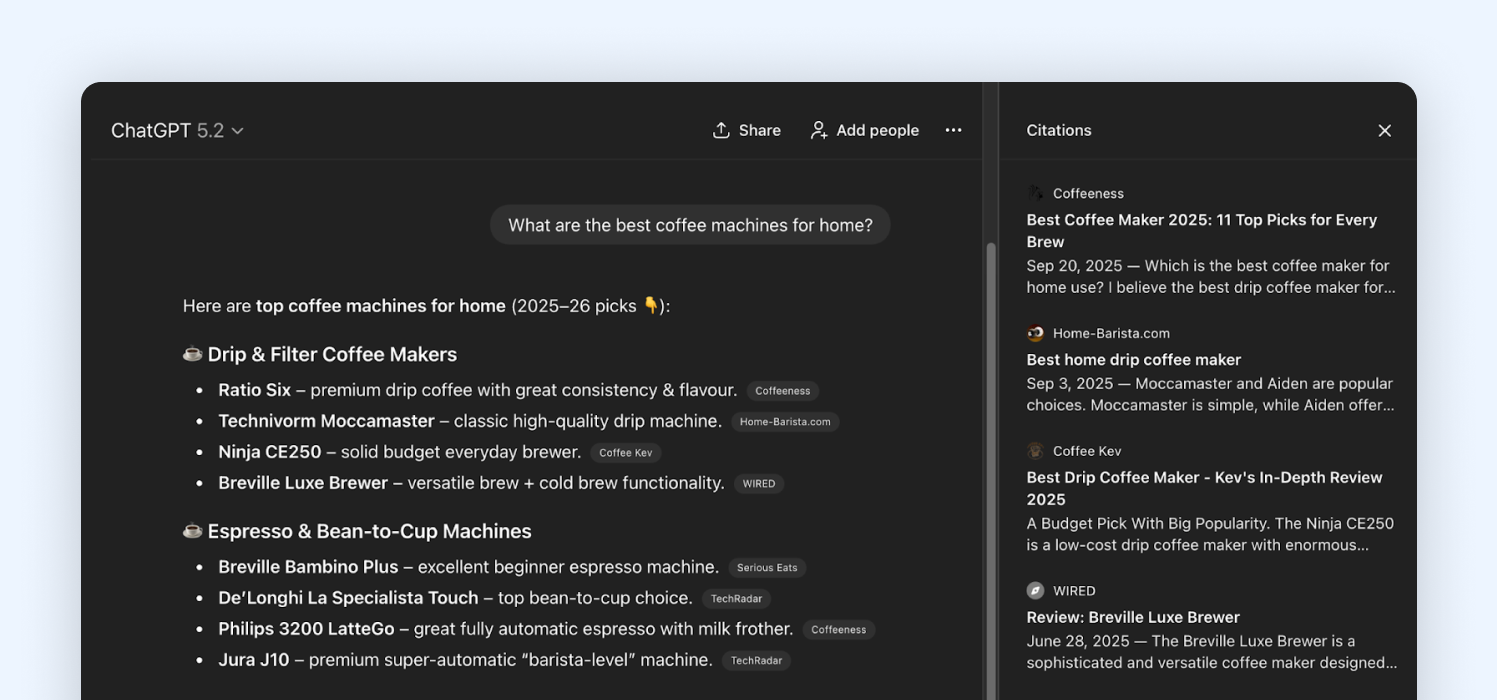 Results for a search of “the best coffee machine”, with the generative response on the left and the citation list on the right.