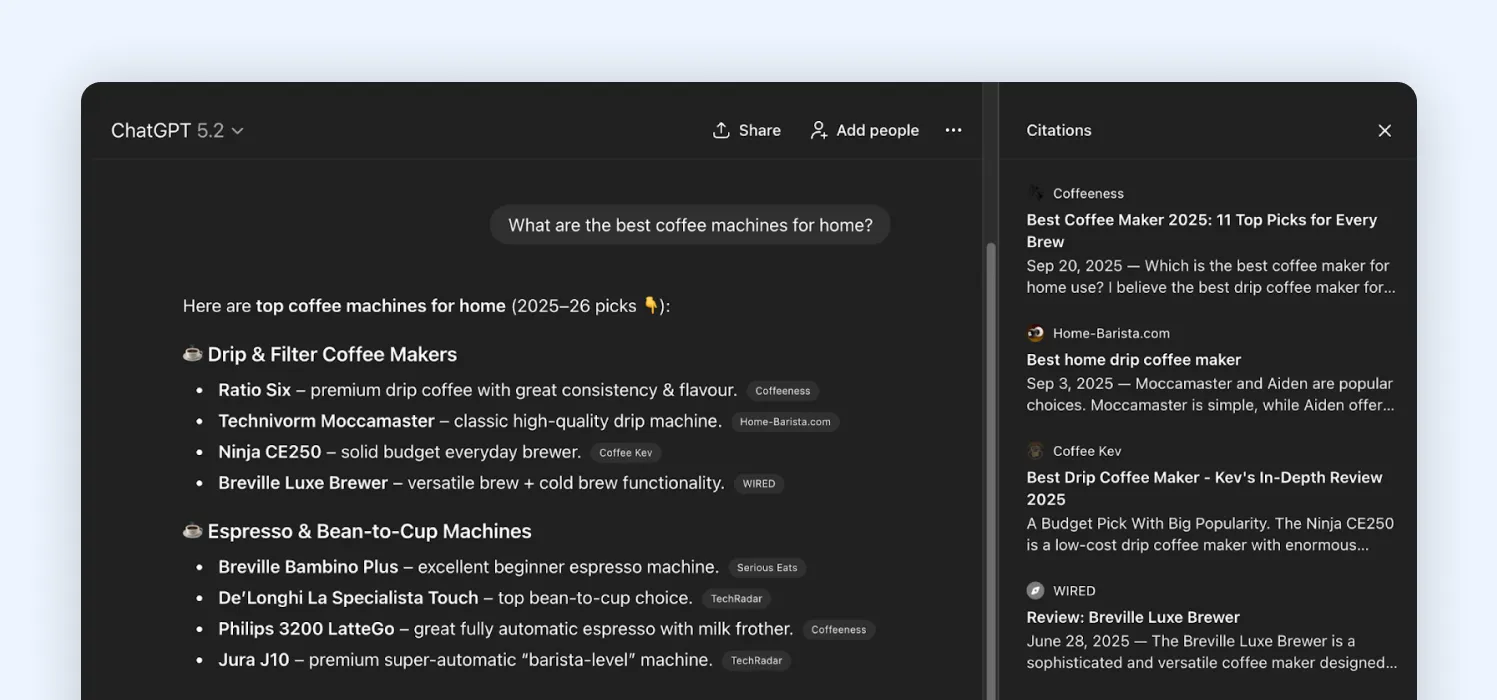 Results for a search of “the best coffee machine”, with the generative response on the left and the citation list on the right.