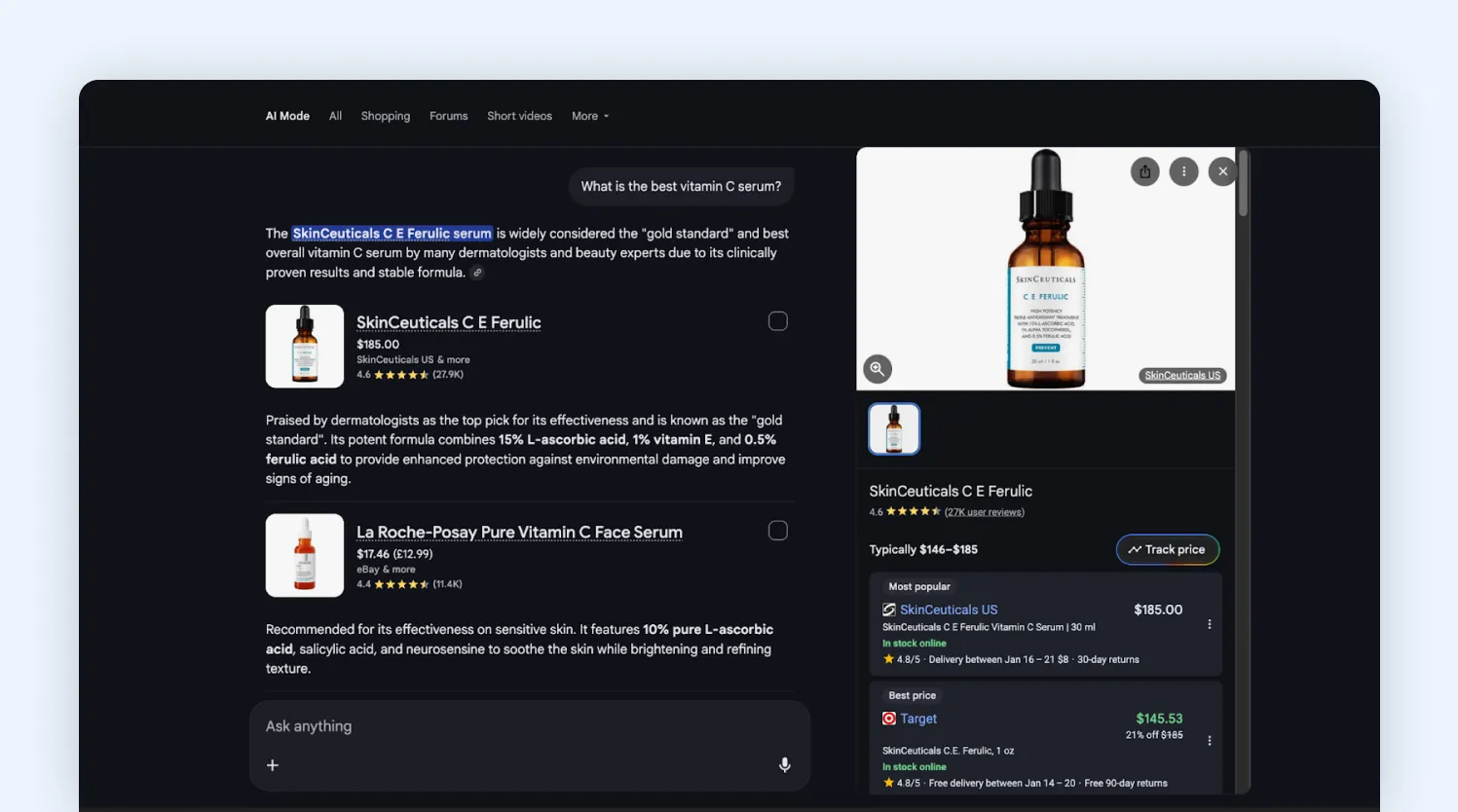 Google AI Mode listing specific products directly as an answer to the search query.