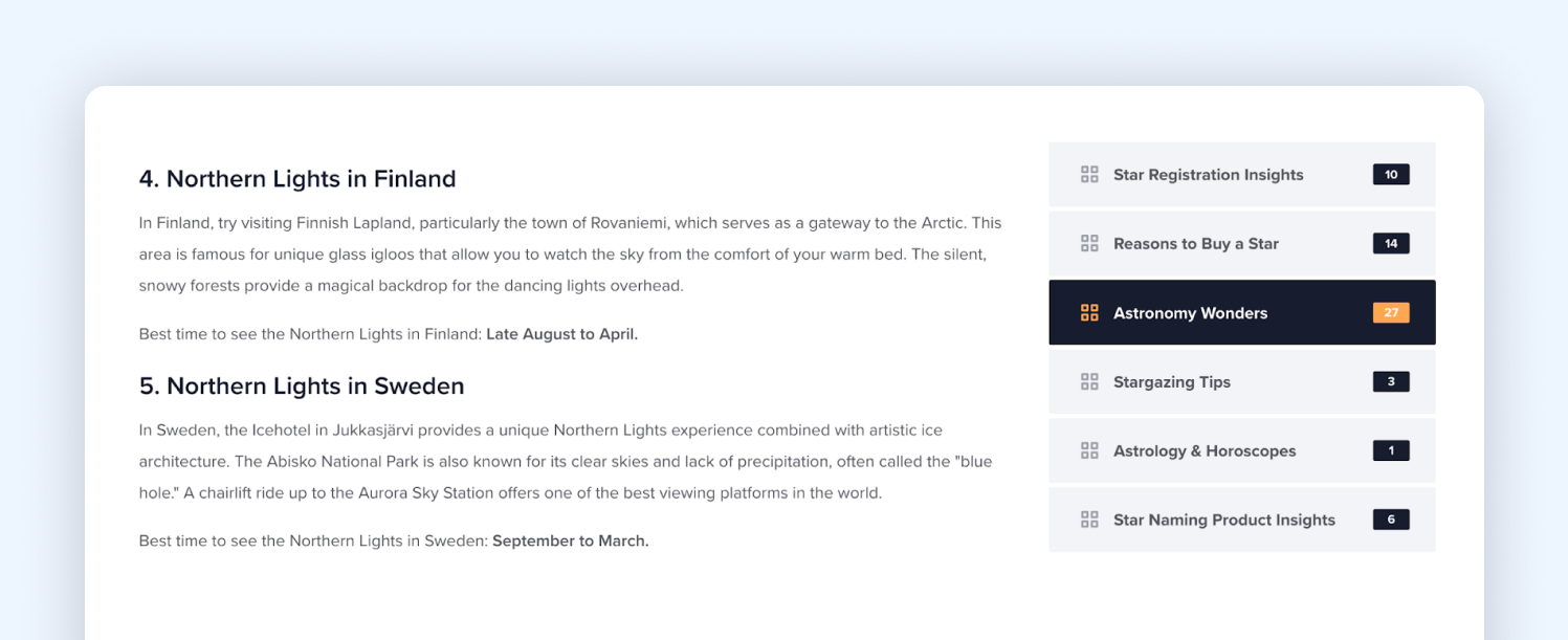 An excerpt of a guide titled “Where to See the Northern Lights” by Label Stars, consisting of short, direct paragraphs, from which it is easy to extract information.