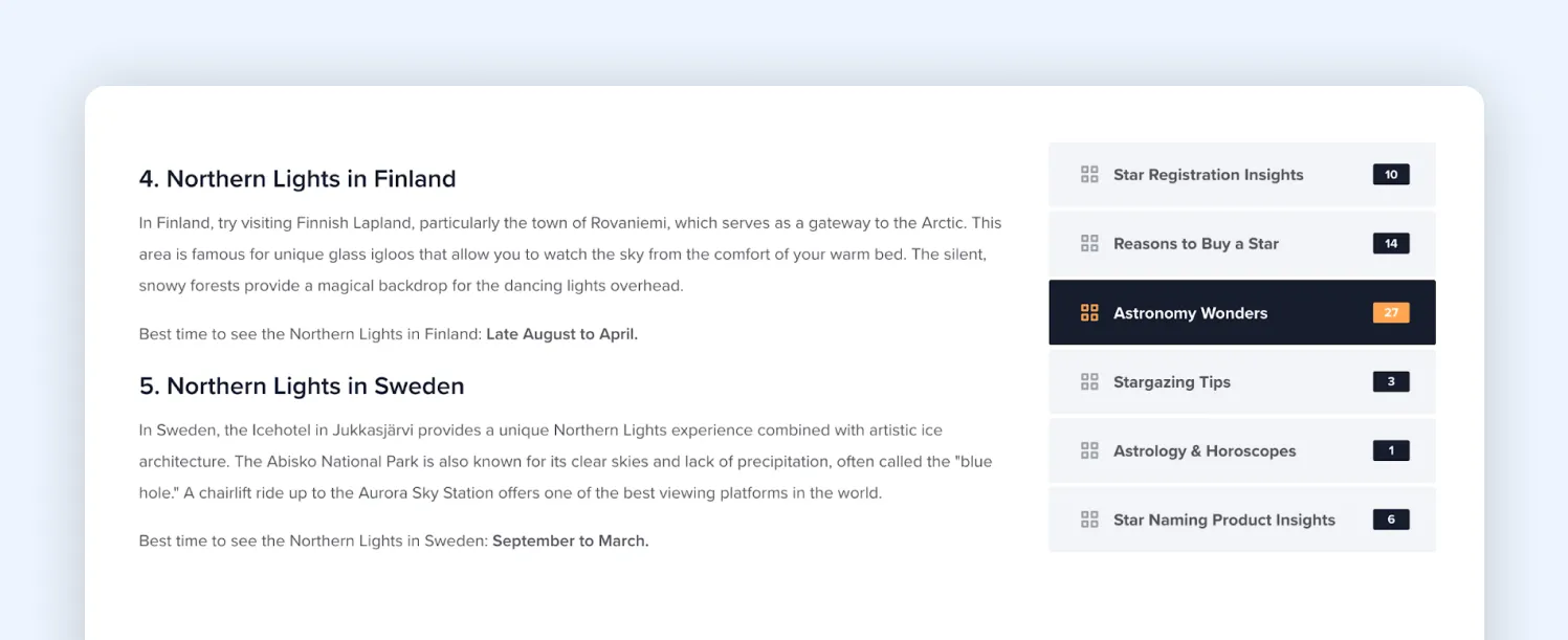 An excerpt of a guide titled “Where to See the Northern Lights” by Label Stars, consisting of short, direct paragraphs, from which it is easy to extract information.