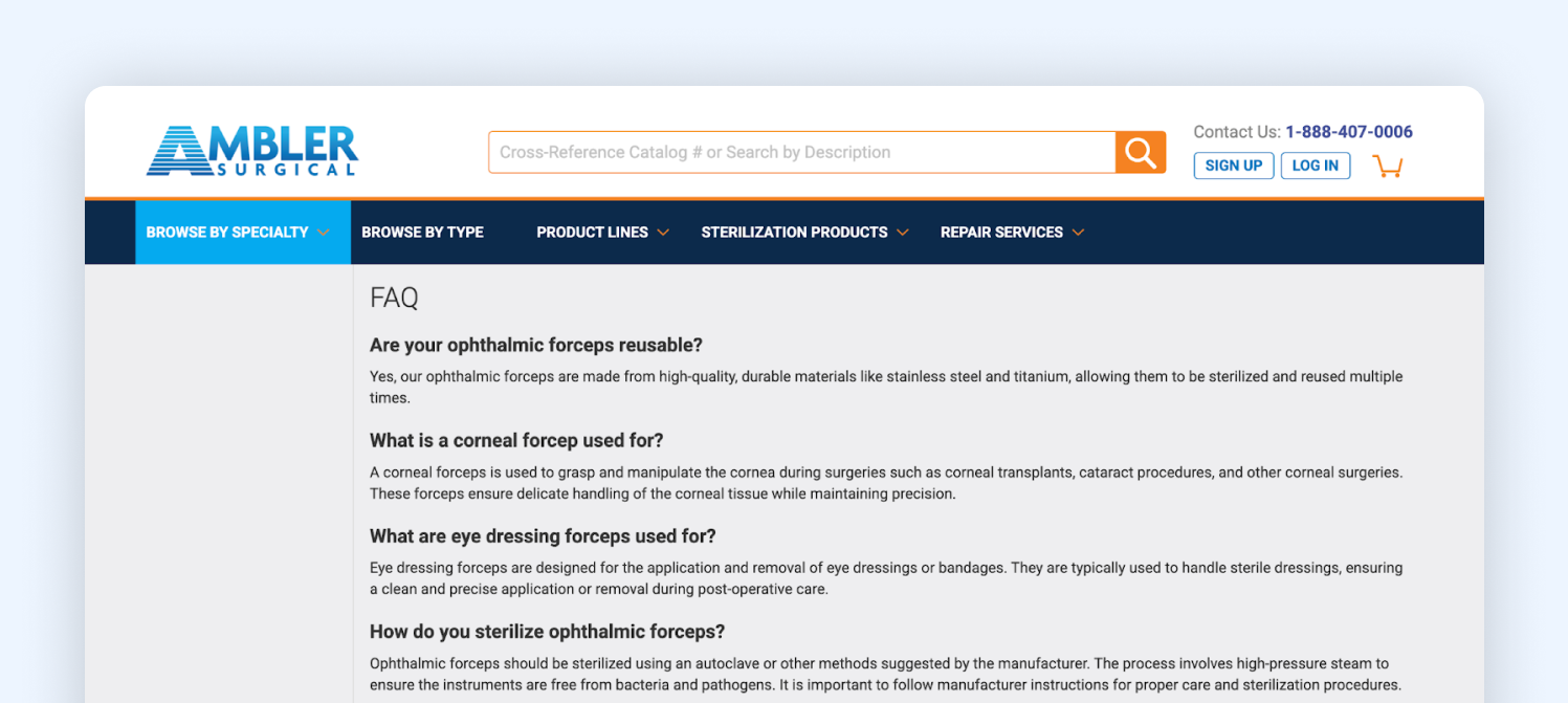Ambler Surgical, adding an FAQ section to their category pages. 