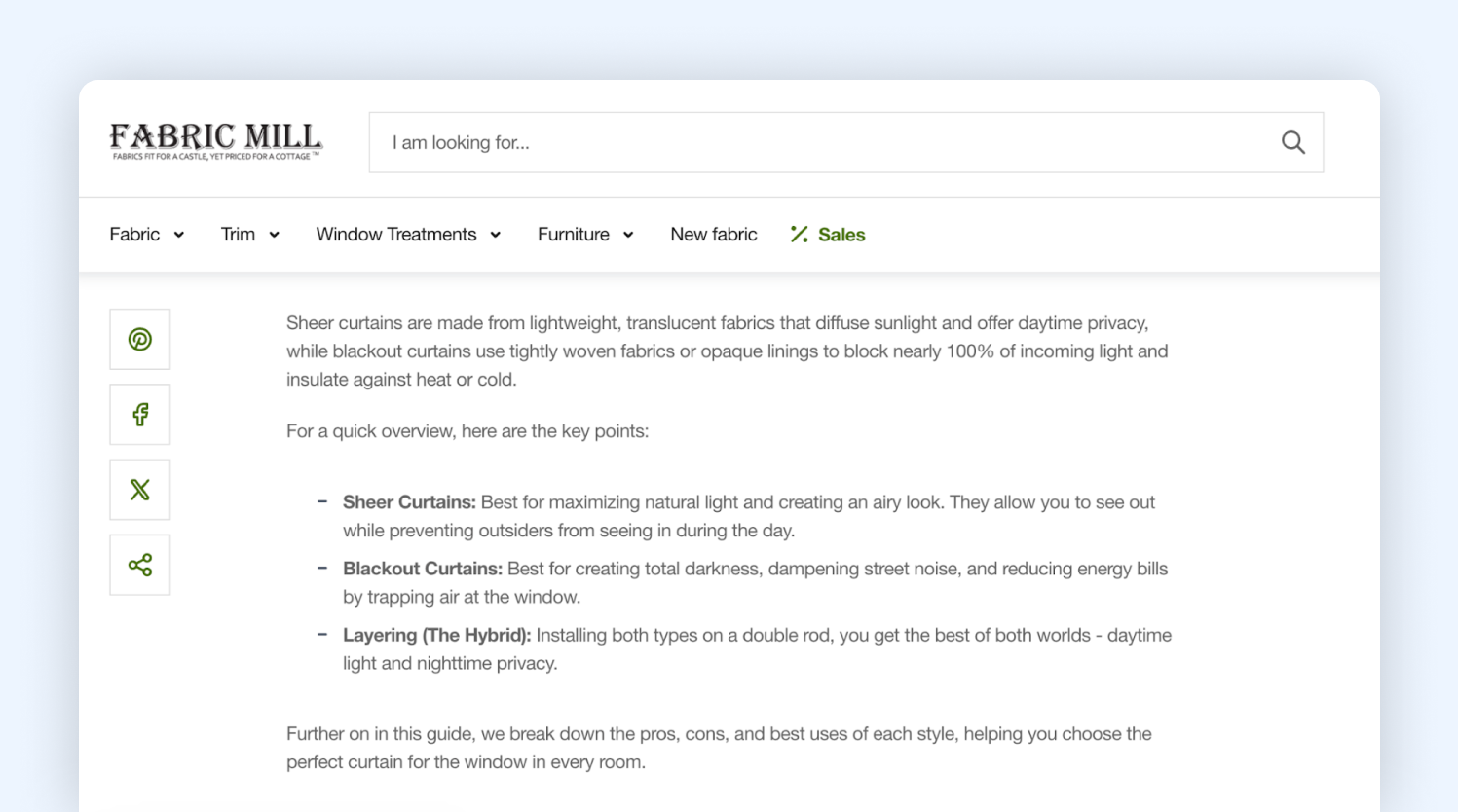 A TL;DR introduction for a blog post titled “Sheer vs. Blackout Drapes: Which is Right for Your Home?” on The Fabric Mill, starting with a definition of both and a short overview of the whole blog.