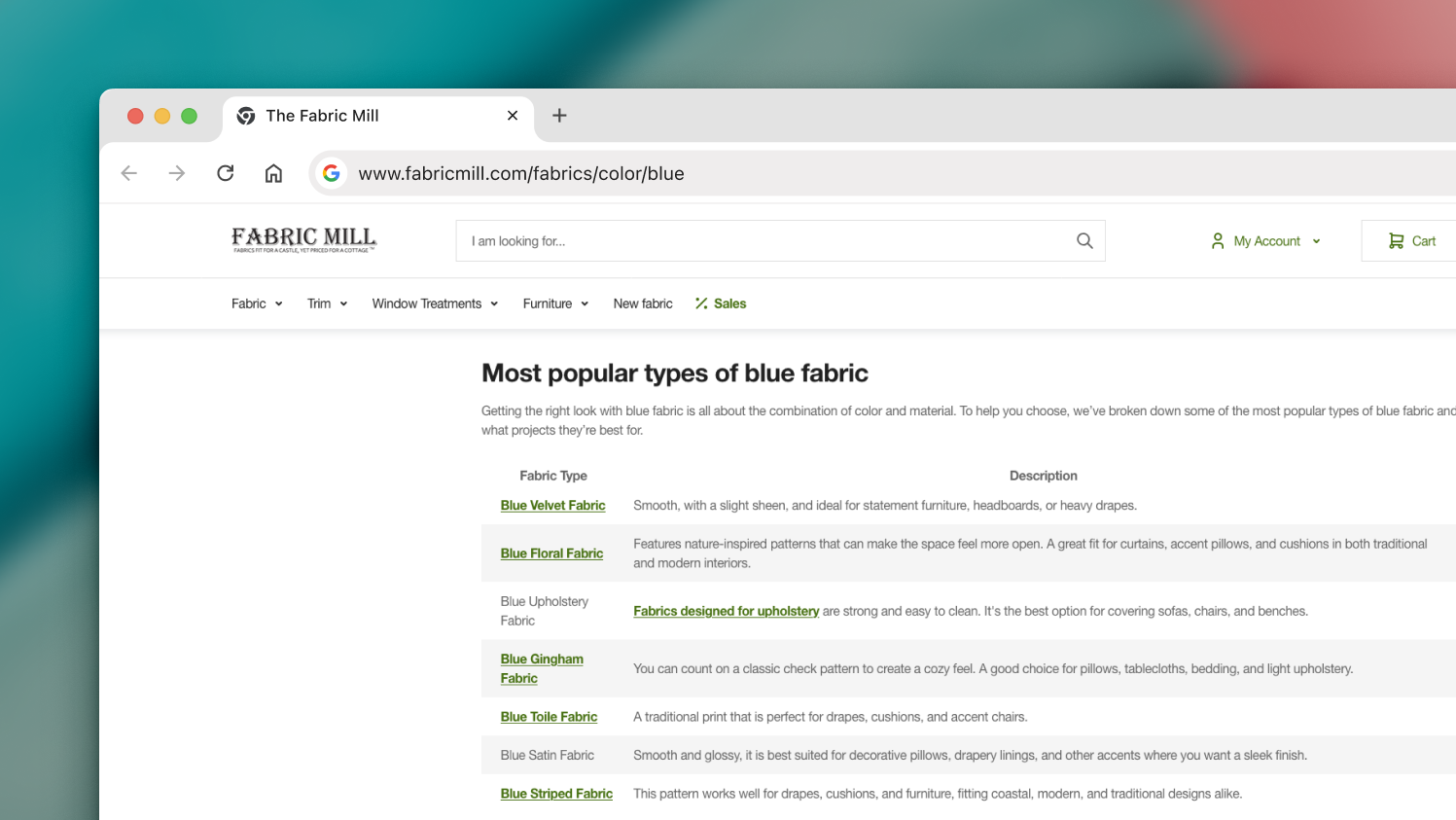 The Fabric Mill internally linking to various fabric categories.