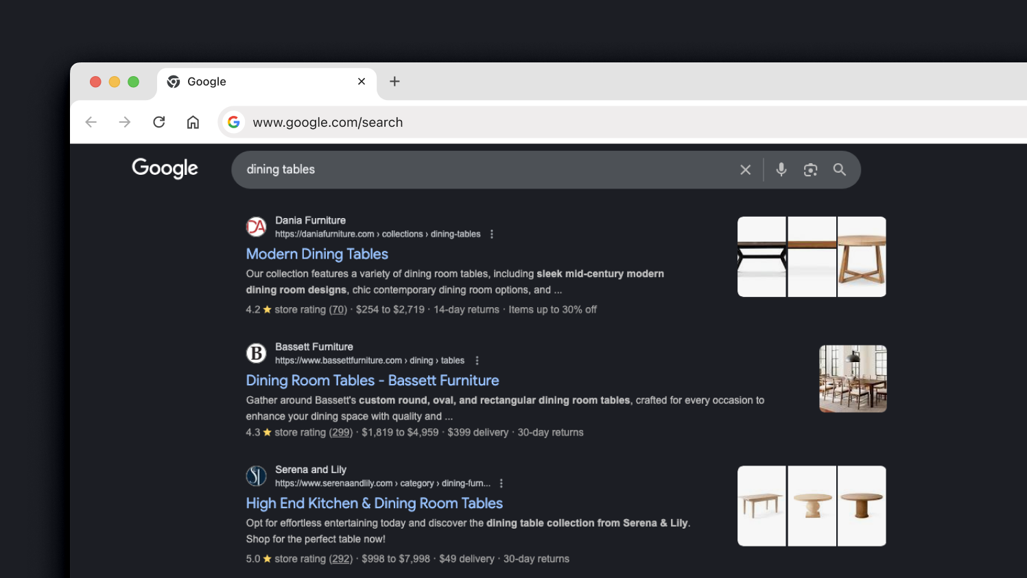 The top unpaid results for the search “dining table”.