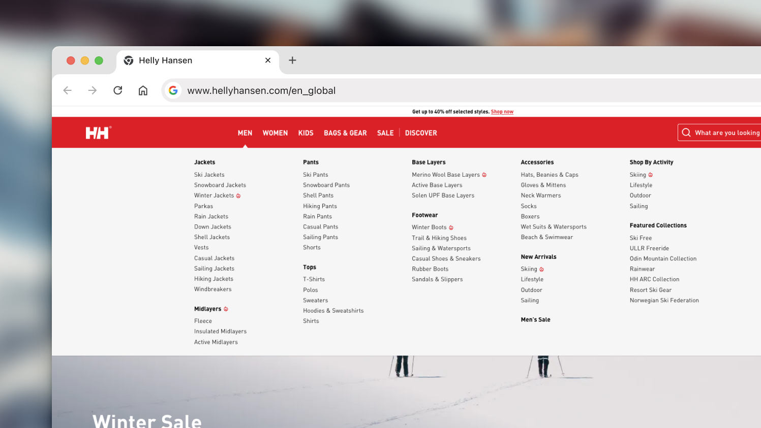 Helly Hansen organizing their catalog by clear, functional groups such as Jackets, Pants, and Footwear, and then breaks these into specific use cases like Ski Jackets, Rain Jackets, or Hiking Pants. 