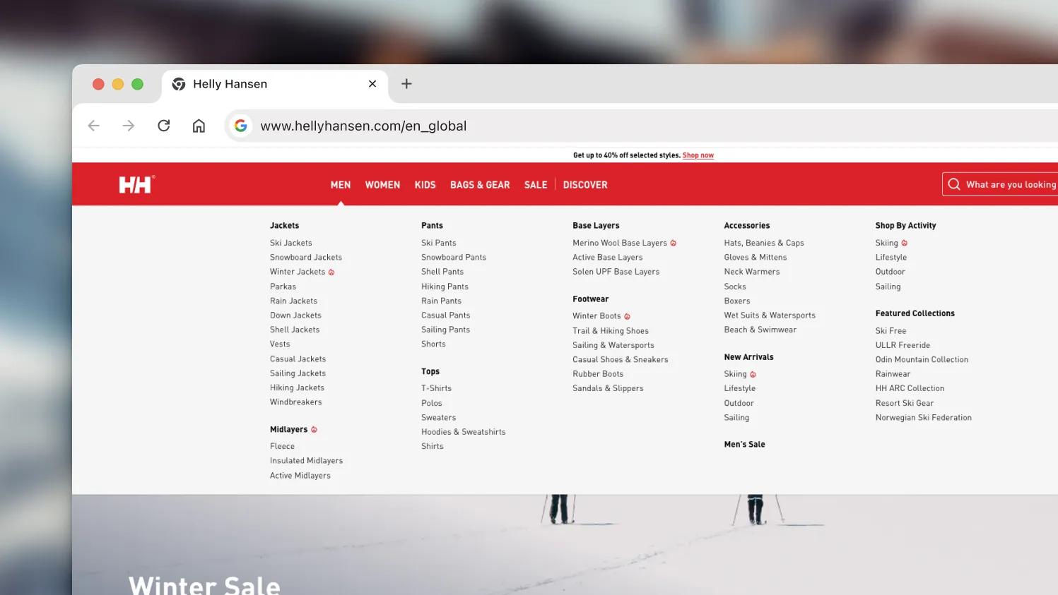 Helly Hansen organizing their catalog by clear, functional groups such as Jackets, Pants, and Footwear, and then breaks these into specific use cases like Ski Jackets, Rain Jackets, or Hiking Pants. 