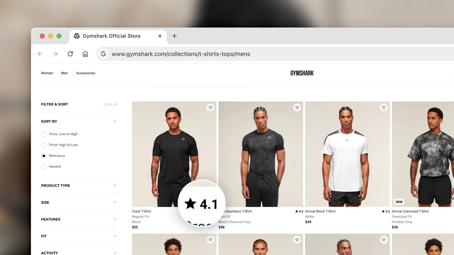 Gymshark displaying an average star rating for their products already on the category page.