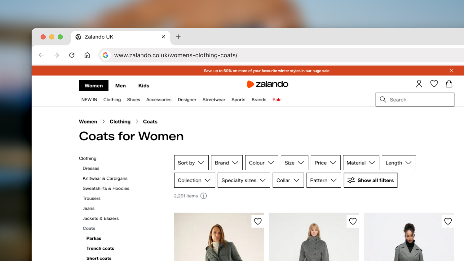 Zalando's selection of coats for women, featuring a lot of filters.
