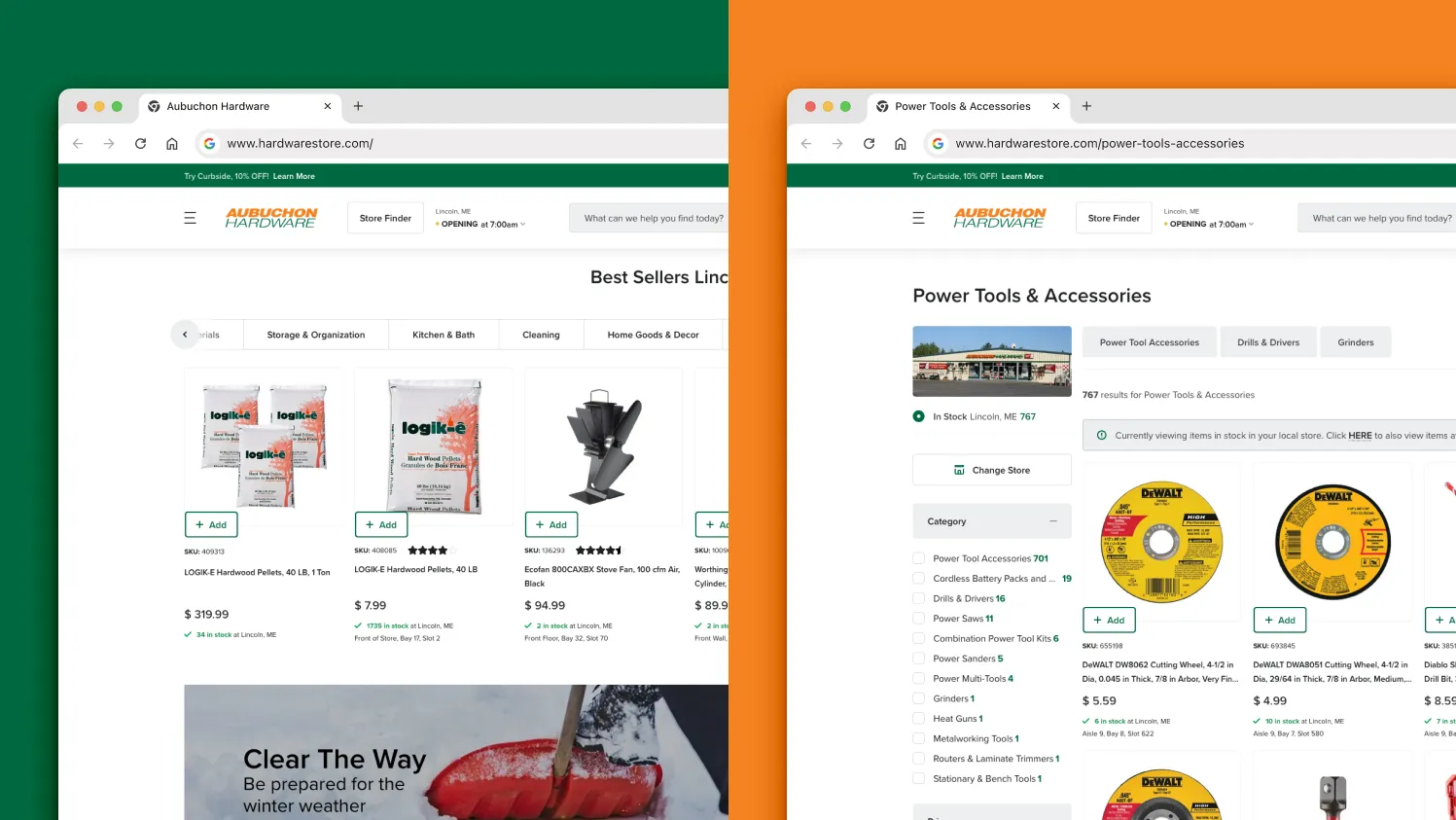 Aubuchon Hardware’s website maintaining the same design across their homepage and category pages.