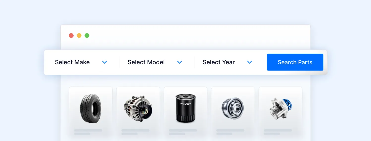 A mockup of a Year/Make/Model search bar with dropdown menus: "Year," "Make," and "Model."