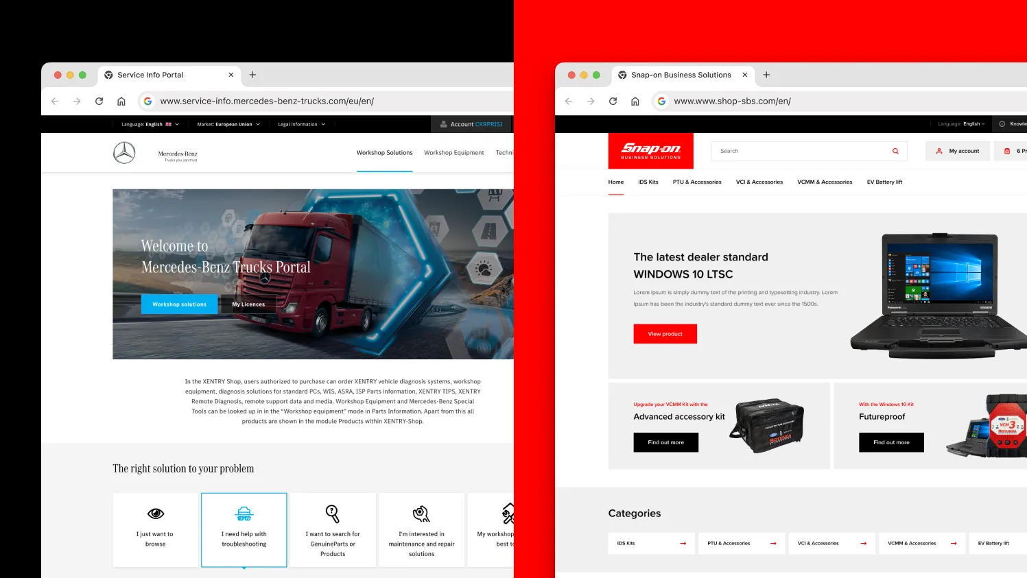 Snap-on Business Solutions and Daimler website homepages.