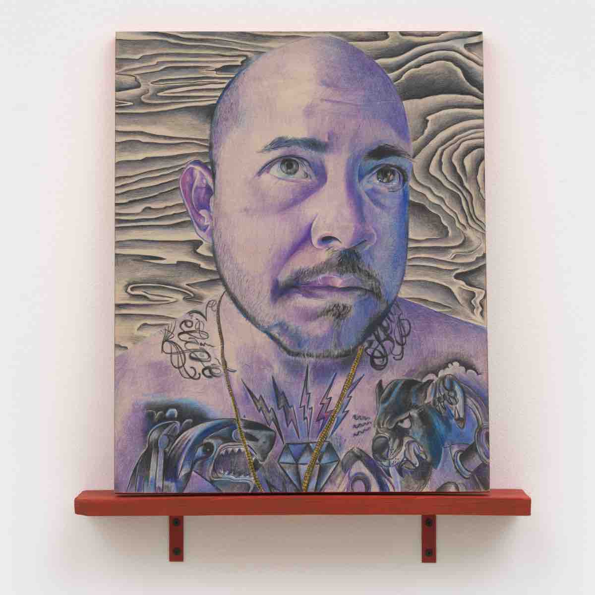 Christopher Paz-Rivera, Due Time, 2023. Colored pencil on wood panel panel: 20 x 16 in (50.8 x 40.6 cm) shelf: 3 1/2 x 19 1/4 x 3 1/4 in (8.9 x 48.9 x 8.3 cm)
