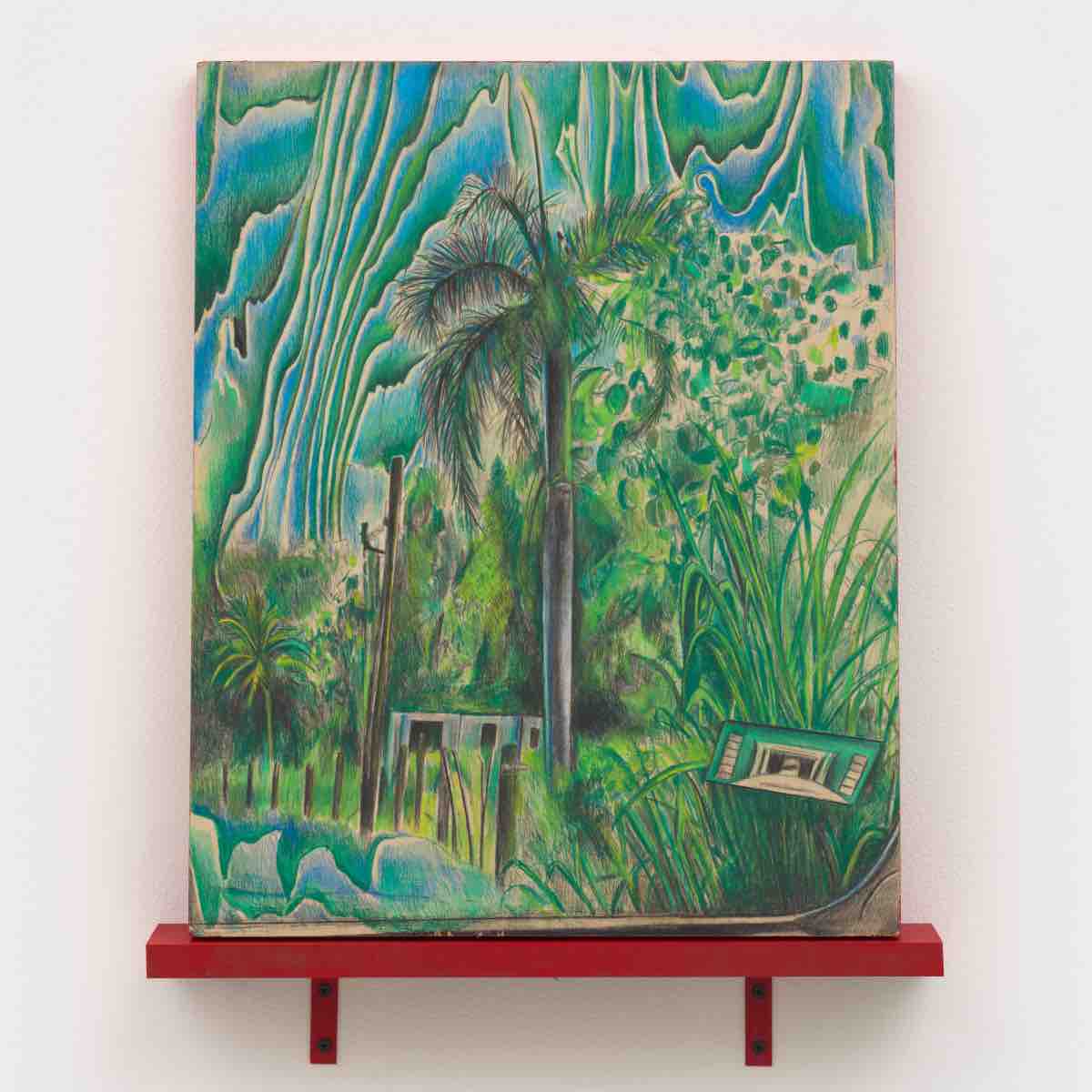 Christopher Paz-Rivera, Curva de San Lorenzo, 2023. Colored pencil on wood panel on artist made shelf panel: 20 x 16 x 3/4 in 50.8 x 40.6 x 1.9 cm