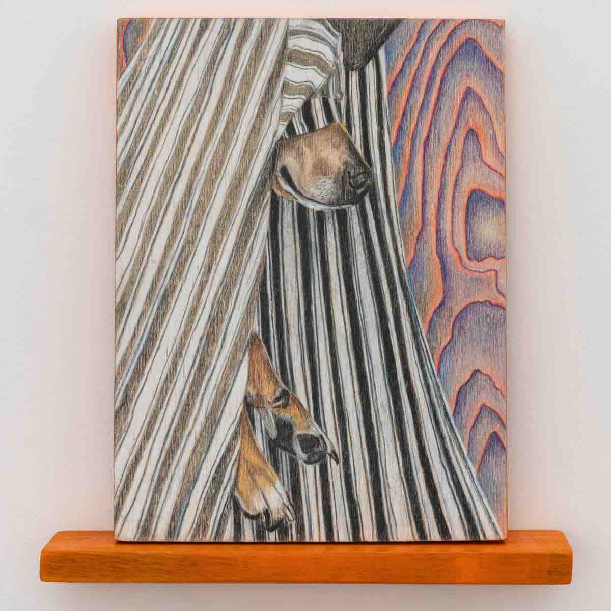 Christopher Paz-Rivera, Descanso del pequeño errante, 2025. Colored pencil and acrylic on wood panel, 12 x 9 in 30.5 x 22.9 cm
