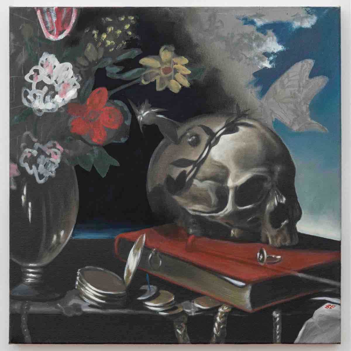 Elbert Joseph Perez, Post Mortem Memory, 2025. oil on canvas, 23 x 23 x 1 1/2 in (58.4 x 58.4 x 3.8 cm)