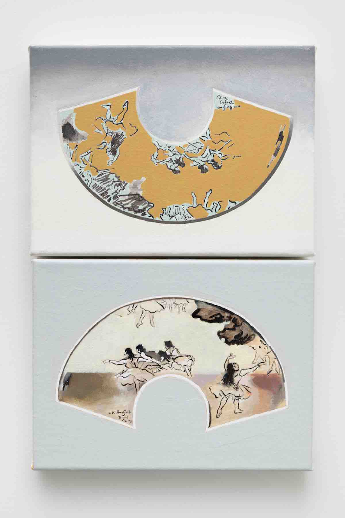KB Jones, Degas Fans, 2025. oil, latex, and ink on canvas, diptych: 18 x 12 in (45.7 x 30.5 cm)