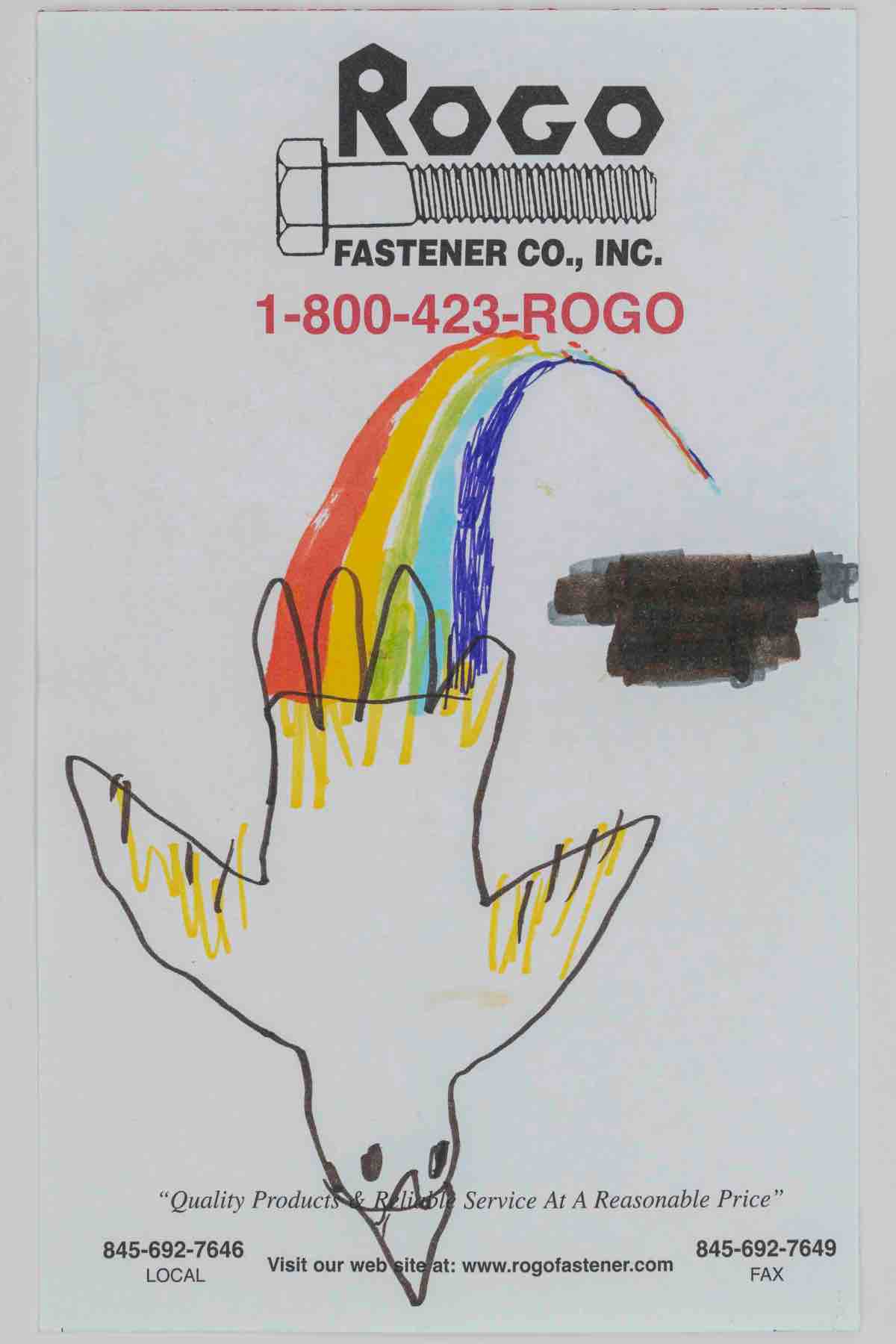 Rogo Fastener Co. logo and contact info above a child's colorful drawing of a bird with a rainbow tail.