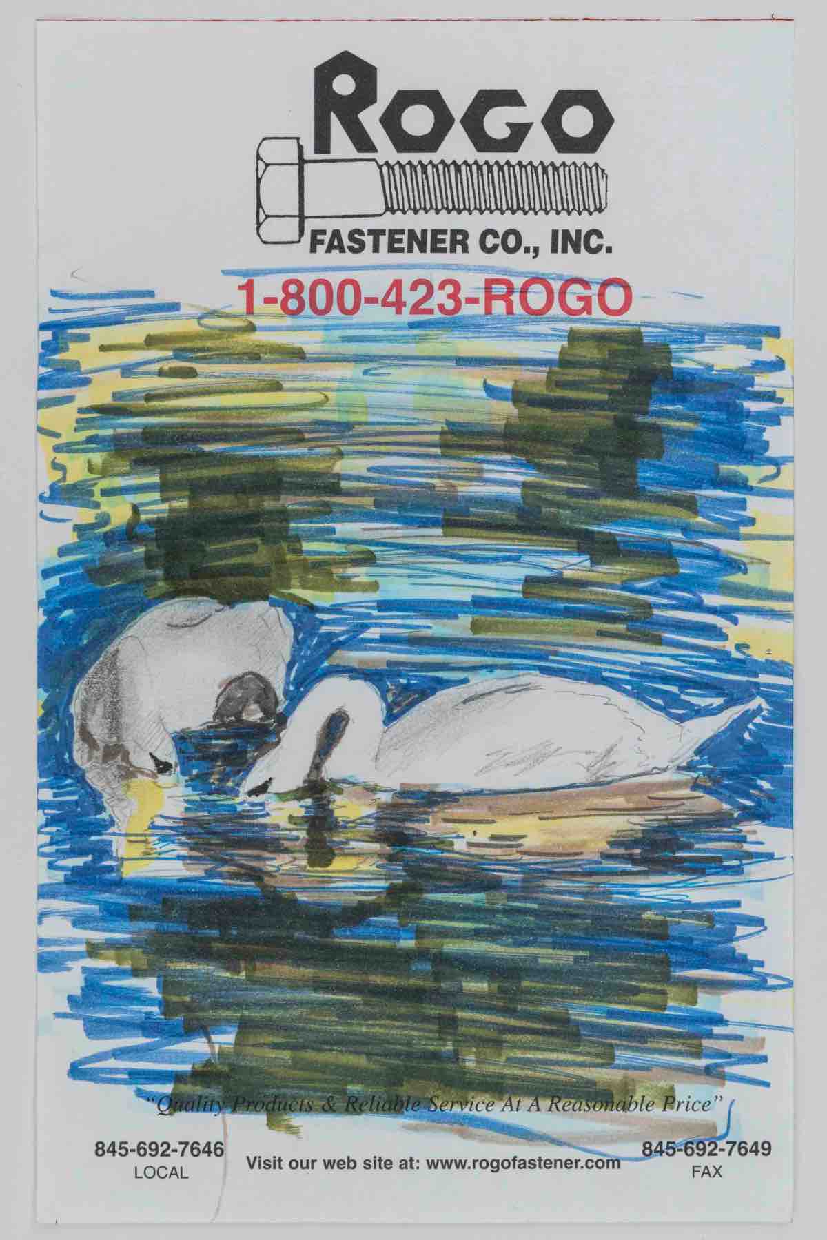 Rogo Fastener Co. advertisement with a bolt logo, contact numbers, and a hand-drawn image of two swans swimming on a blue and yellow water background.