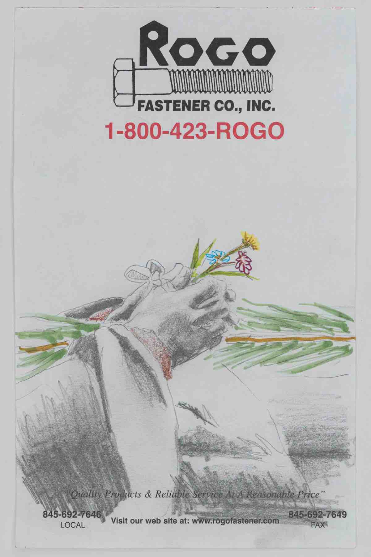 Advertisement for Rogo Fastener Co., Inc. featuring a drawing of two hands tied with a bolt and holding flowers, with contact numbers and website.