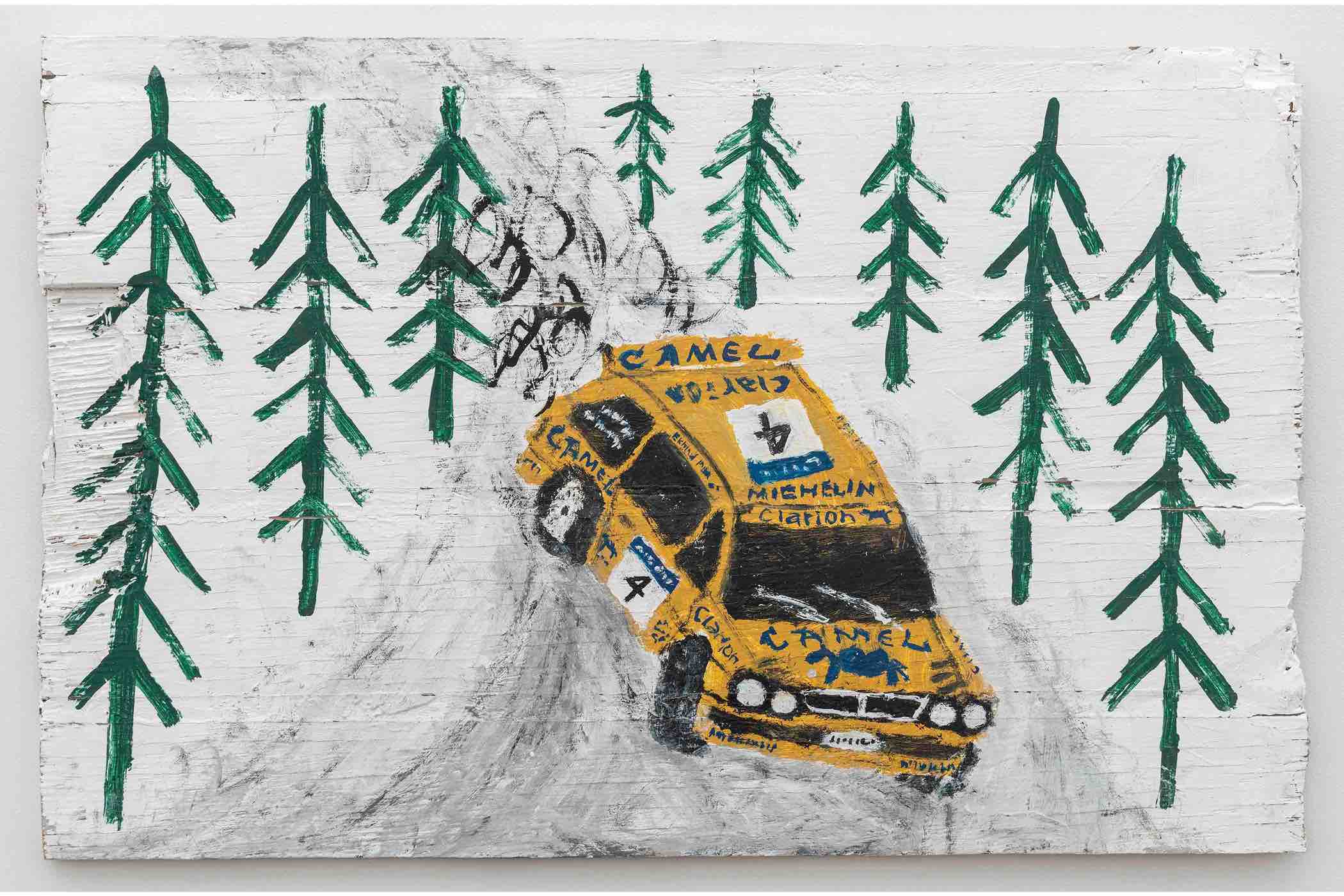 Painting of a yellow rally car with Camel and Michelin logos drifting on a dirt road surrounded by green pine trees.