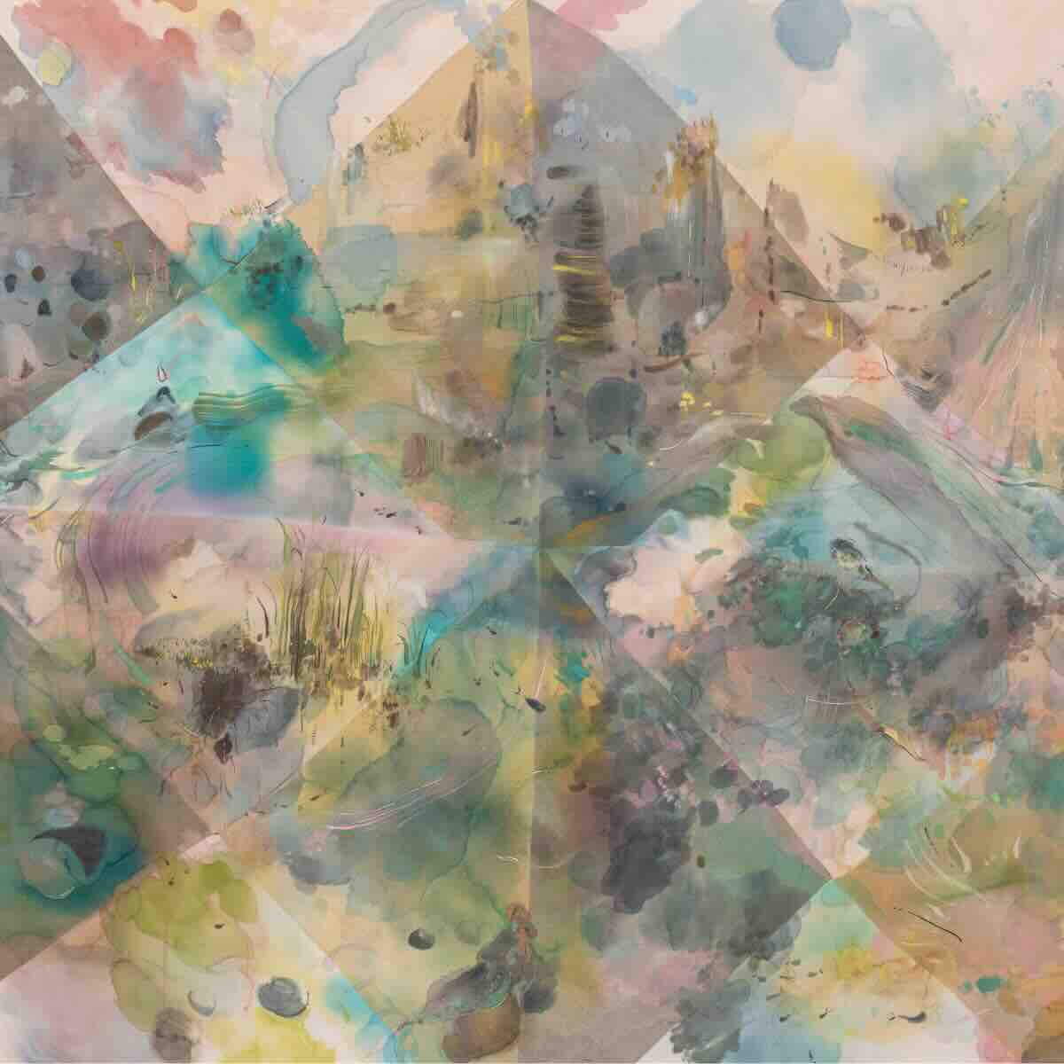 Abstract watercolor painting with a layered, translucent effect composed of soft pastel colors including blues, greens, yellows, and pinks with occasional darker spots and delicate brush strokes overlapping in a geometric pattern.