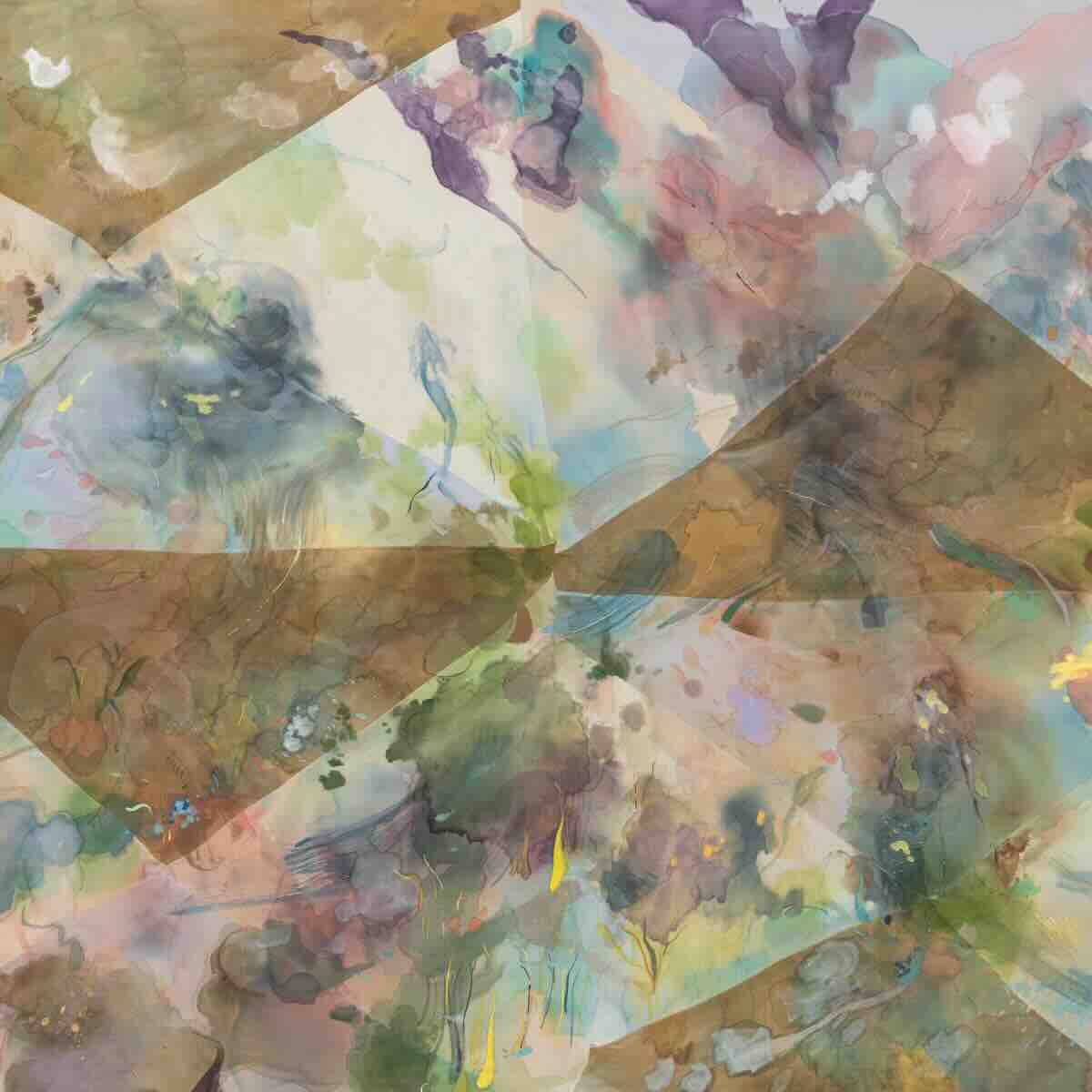 Abstract watercolor painting featuring overlapping translucent geometric shapes in brown and soft pastel colors, with diffuse patches of blues, greens, purples, and yellows blended in irregular patterns.
