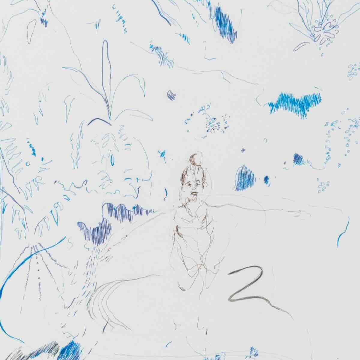 Sketch of a person with a bun hairstyle seated in the center, surrounded by abstract blue and gray plant-like shapes and patterns on a white background.