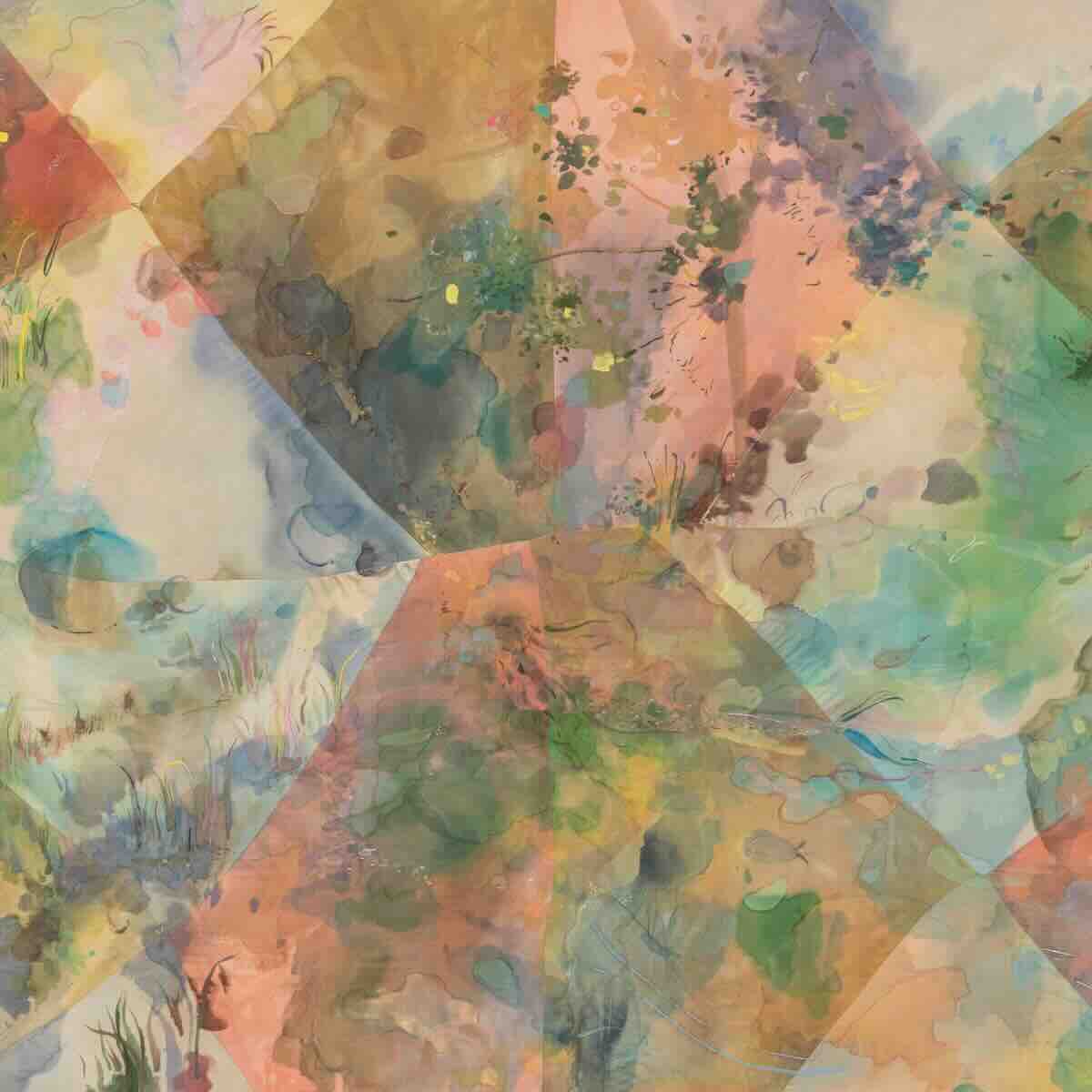 Abstract watercolor painting with overlapping translucent geometric shapes in soft pastel tones of peach, green, blue, and yellow with subtle floral patterns and organic forms.