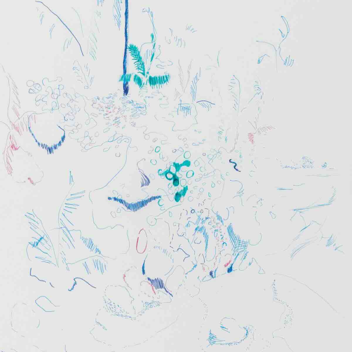 Lightly sketched abstract floral design with hints of blue, green, and red lines and shapes on a pale background.