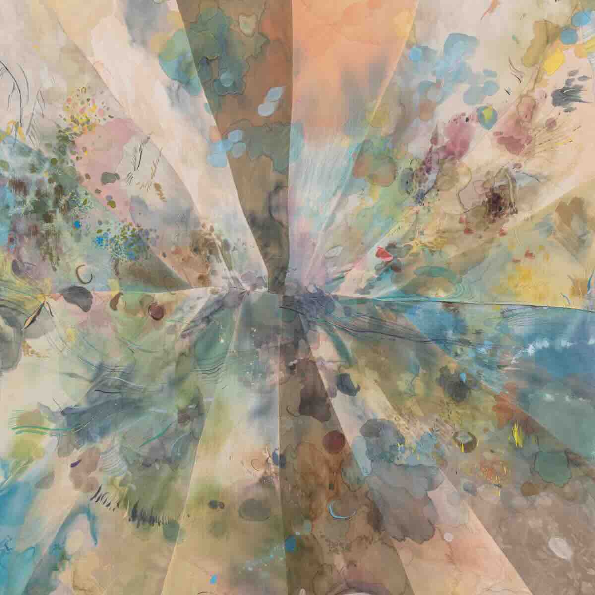 Abstract painting with a radial pattern of soft pastel colors including blues, greens, pinks, and yellows, featuring scattered spots and brush strokes converging at the center.