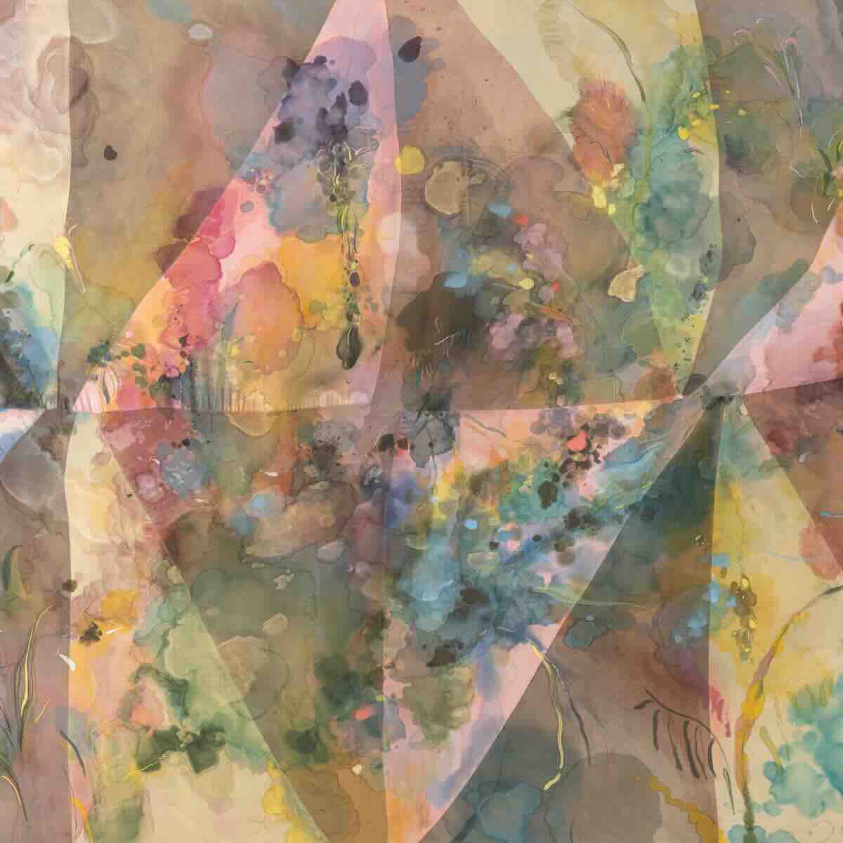 Abstract watercolor painting featuring overlapping translucent geometric shapes in soft pastel colors with blurred floral and organic patterns throughout.