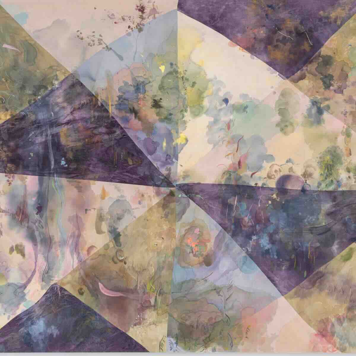 Abstract painting composed of overlapping triangular shapes in muted purples, blues, greens, and beige tones with soft, blended patches and subtle floral patterns.