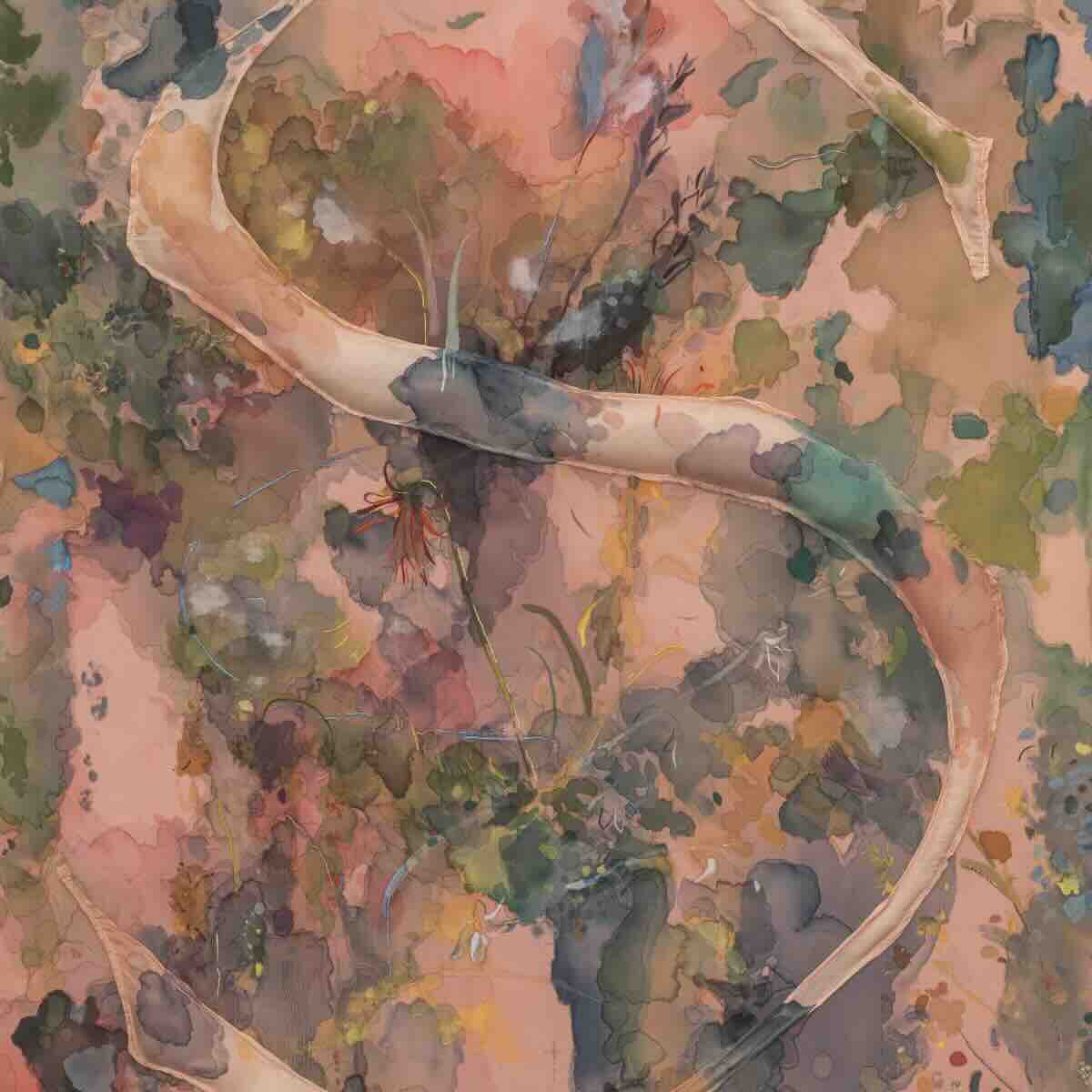 Abstract watercolor painting with soft, overlapping patches of muted earthy tones including browns, greens, and pinks, featuring curved bone-like structures crossing diagonally.