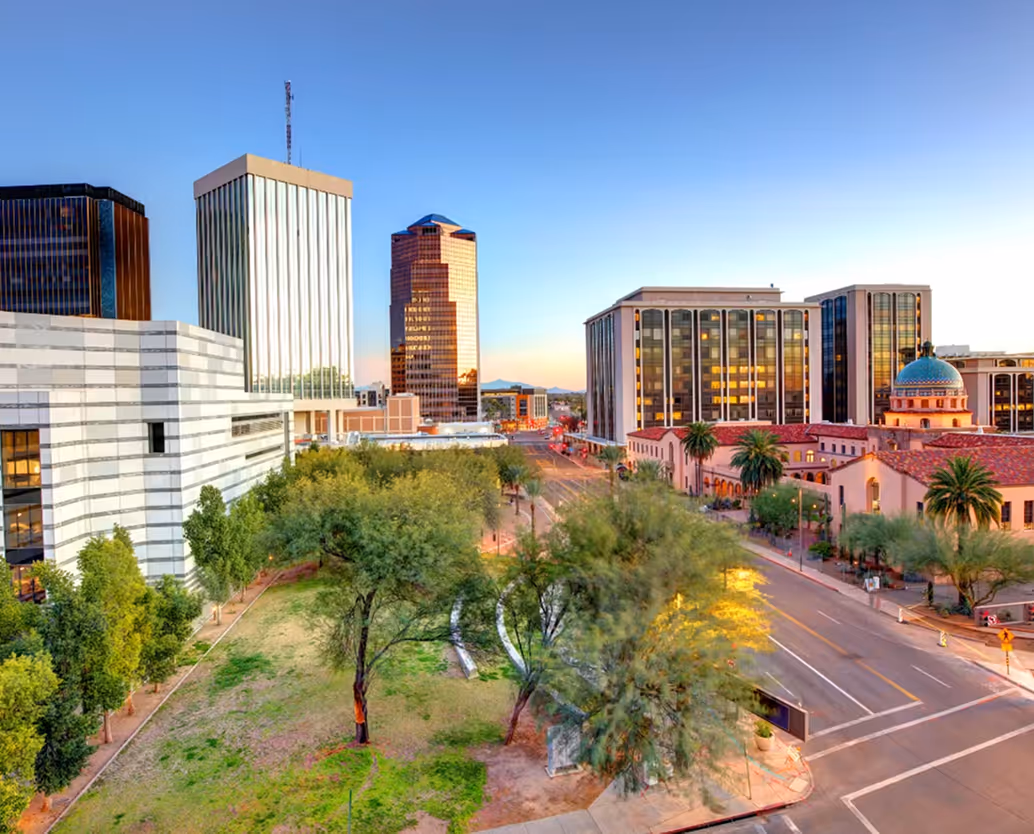 A beautiful picture of a downtown city at sunset