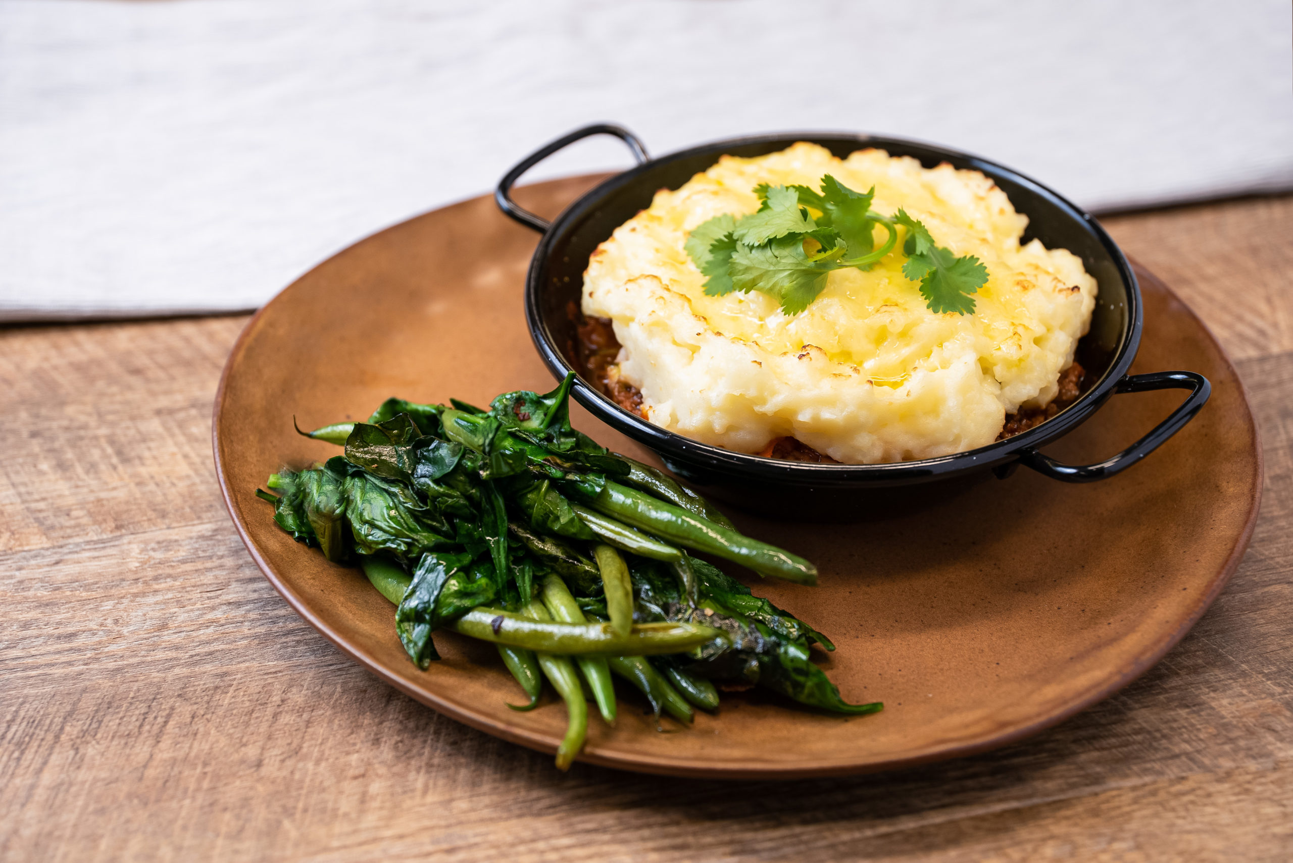 Cottage Pie with crispy fried Green Beans & Spinach