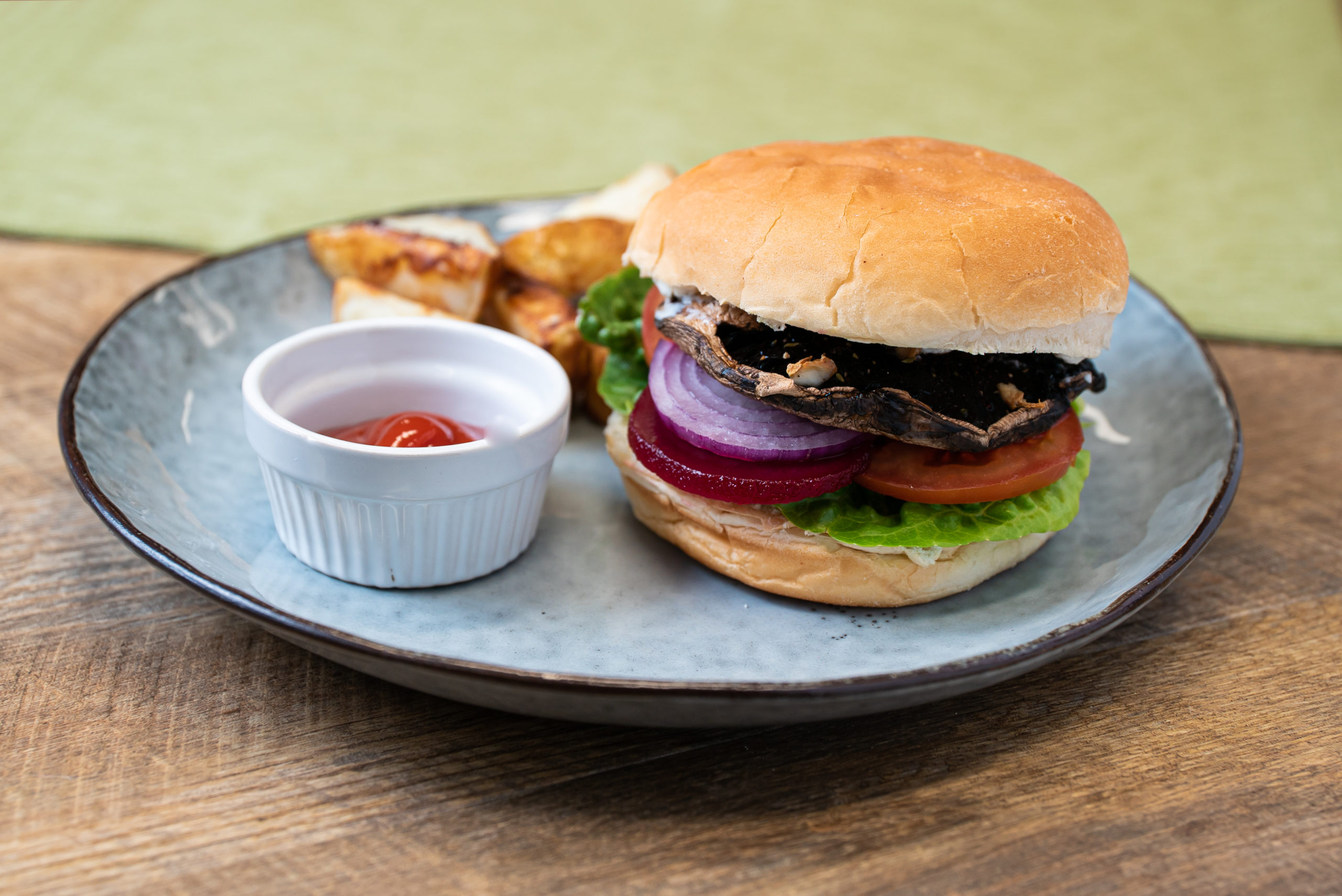Roasted mushroom burger and wedges