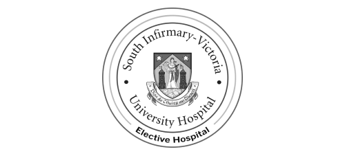 Seal of South Infirmary-Victoria University Hospital showing a shield with two figures and stars.