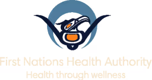 First Nations Health Authority logo featuring an Indigenous art style bird design with the text 'First Nations Health Authority' and 'Health through wellness'.