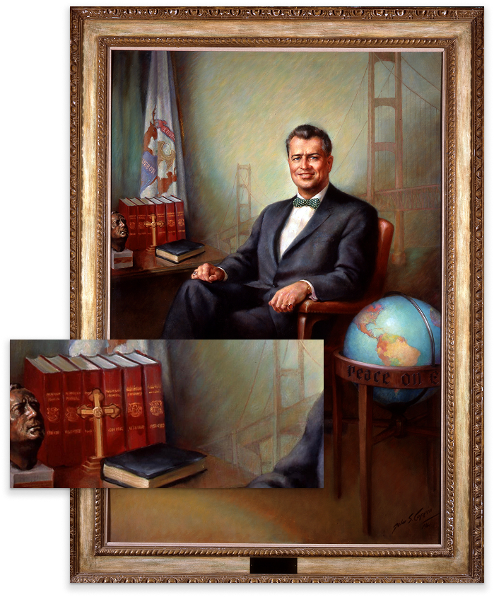 Detail of Governor Williams’ portrait highlighting several objects significant to his personal beliefs.