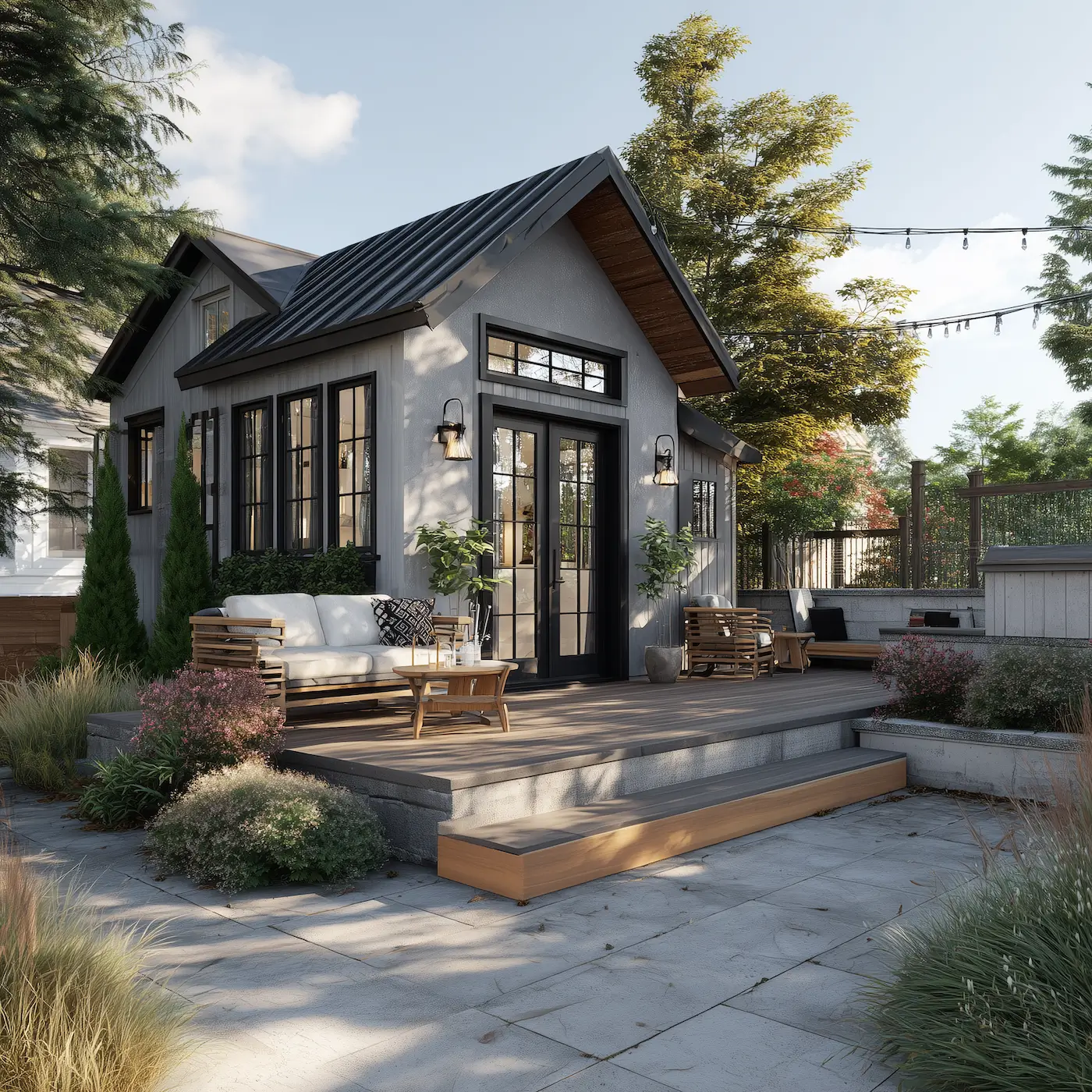 Modern backyard accessory dwelling unit (ADU) with black-framed windows, wood deck, outdoor seating, and landscaped patio in a residential setting.