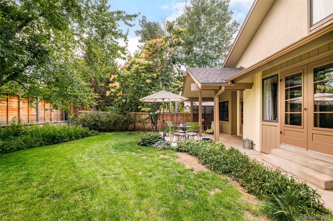 Backyard renovation featuring covered patio, fresh landscaping, and outdoor living space.