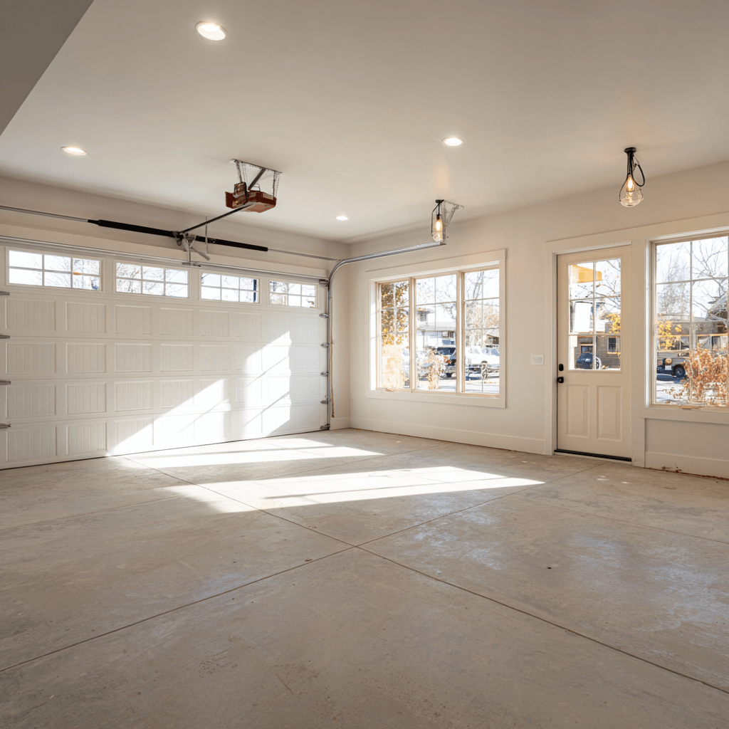 Converted Denver garage with insulated walls, recessed lighting, new windows, and clean concrete flooring prepared for living space.