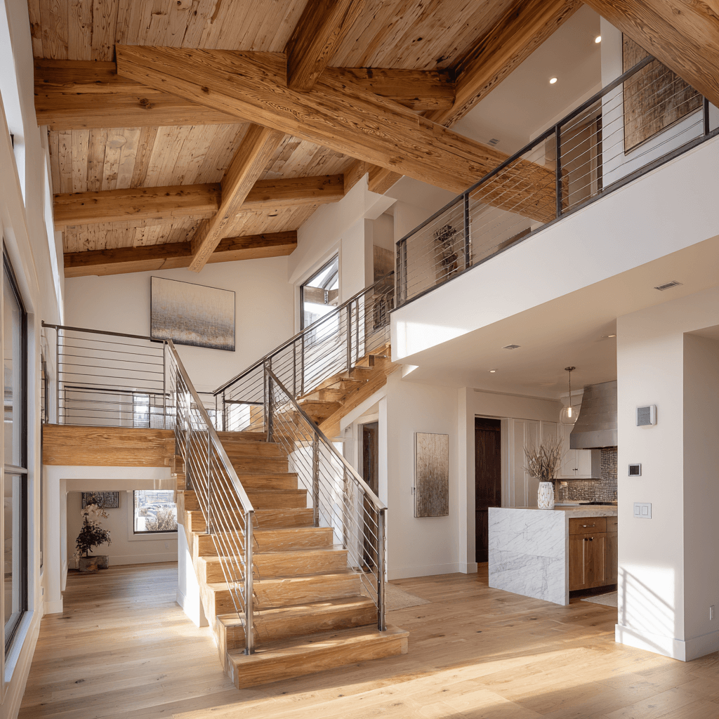 Open interior conversion with custom wood staircase, exposed beams, and lofted living space in a Denver home.