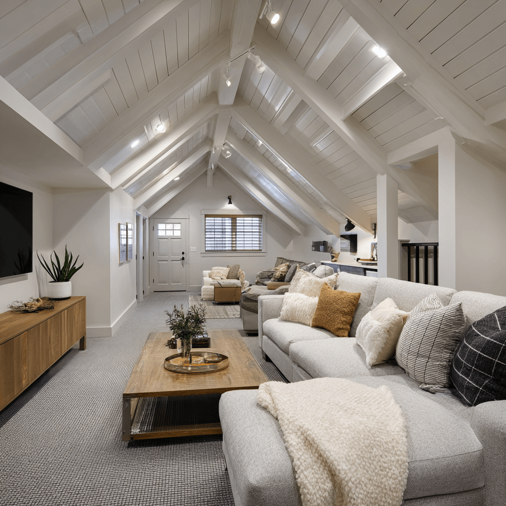 Attic conversion with vaulted ceilings, exposed beams, and finished living area designed for comfort and functionality.