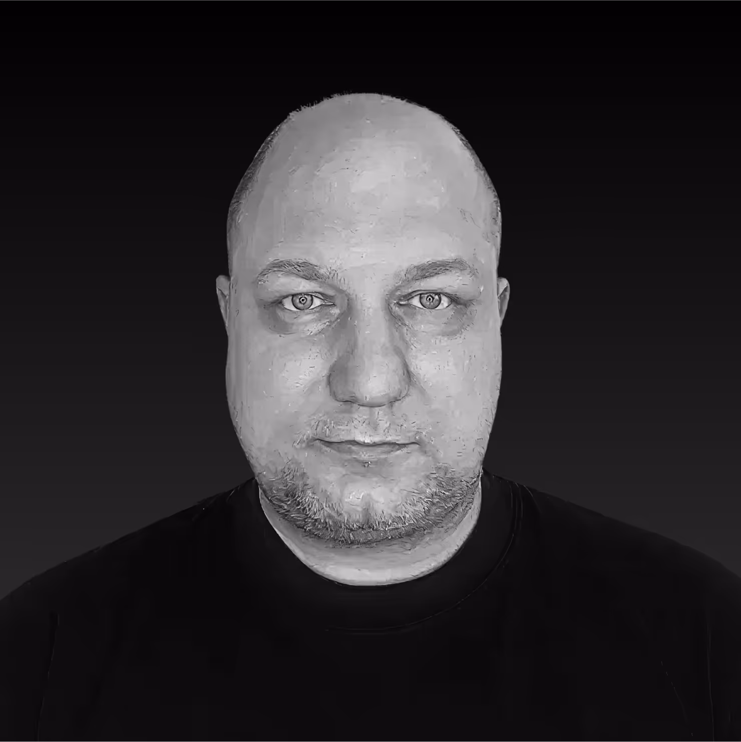 Black and white close-up portrait of a bald man with light stubble wearing a dark shirt against a dark gradient background.