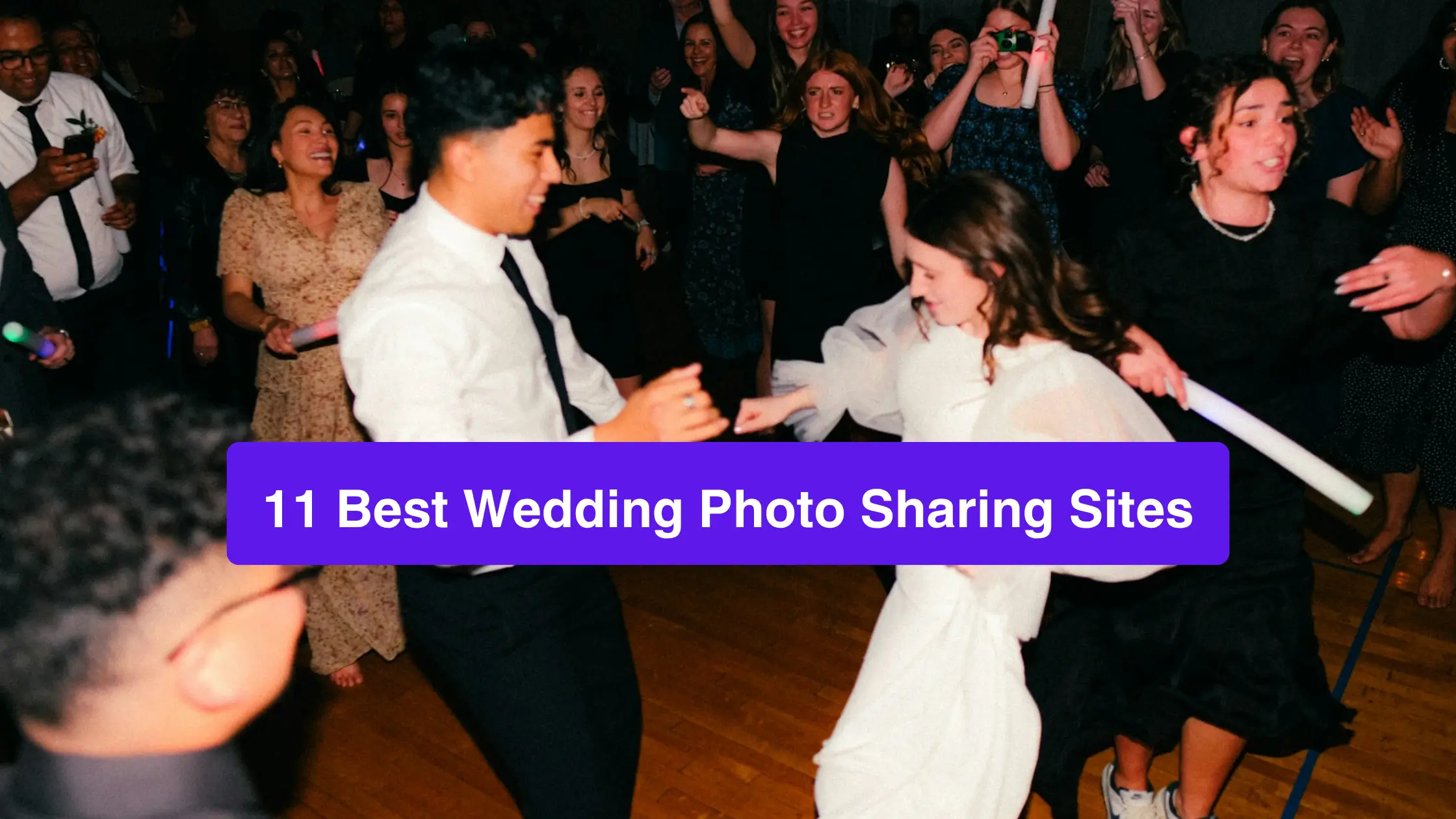 Wedding guests dancing at a reception with text overlay reading '11 Best Wedding Photo Sharing Sites'.
