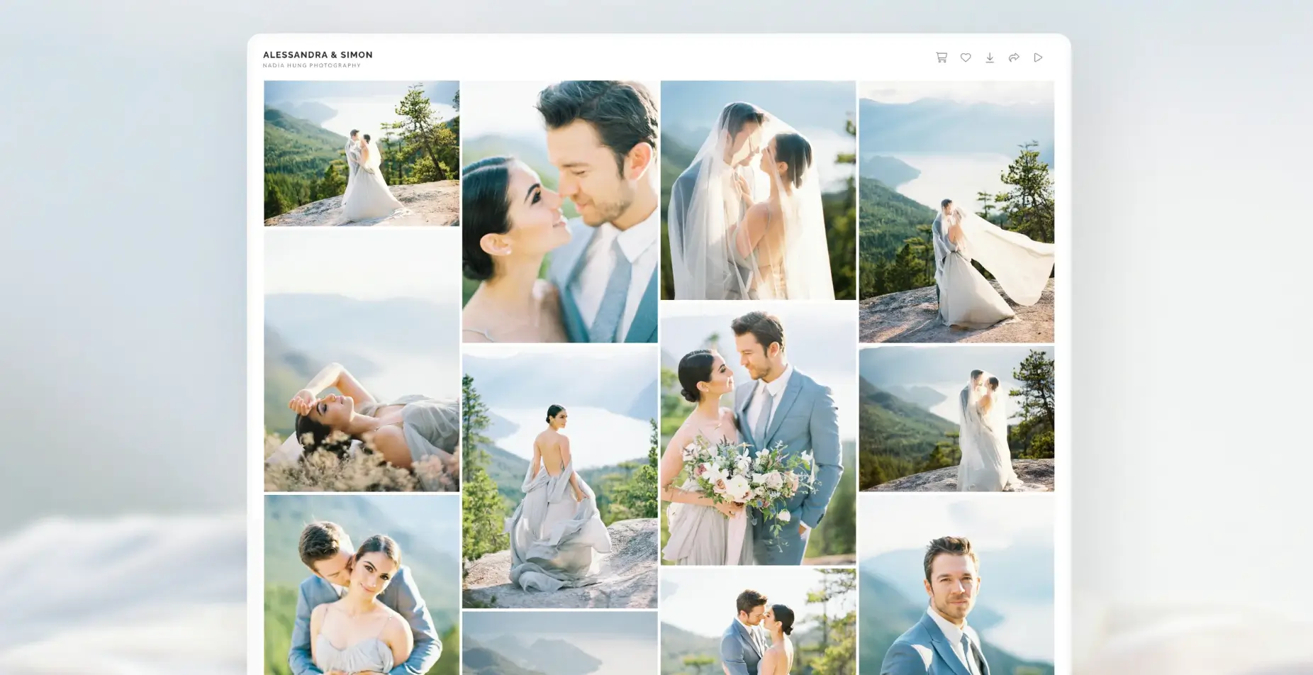 Pixieset online wedding photo gallery showing a professional couple’s photo collection