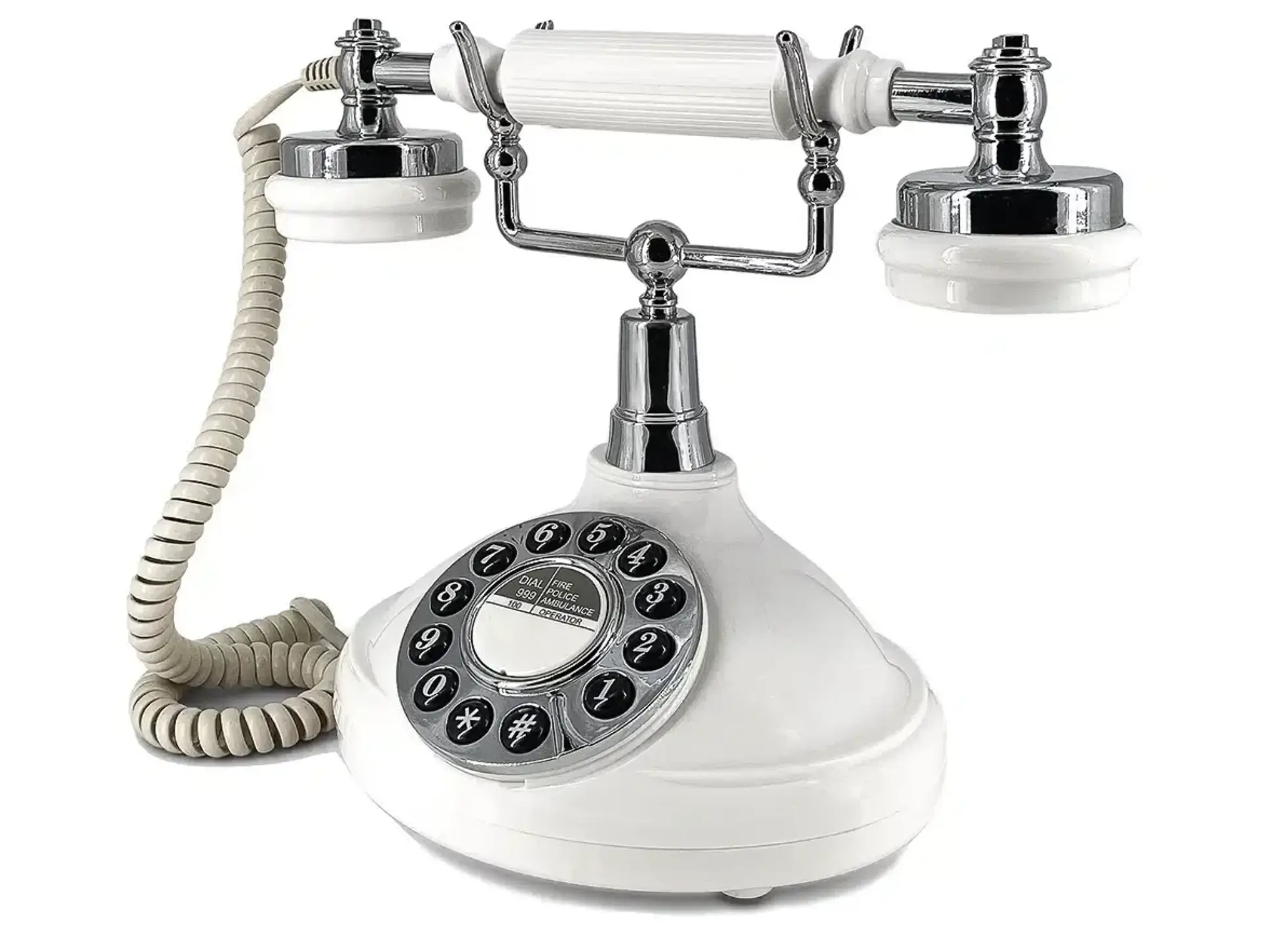 White vintage telephone used as an audio guestbook for recording wedding voice messages