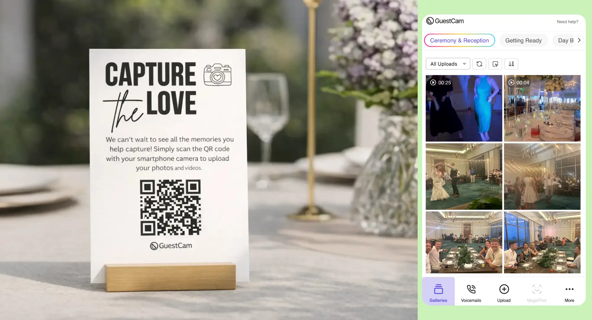 Wedding QR code sign next to a digital guest book gallery showing guest photo and video uploads.